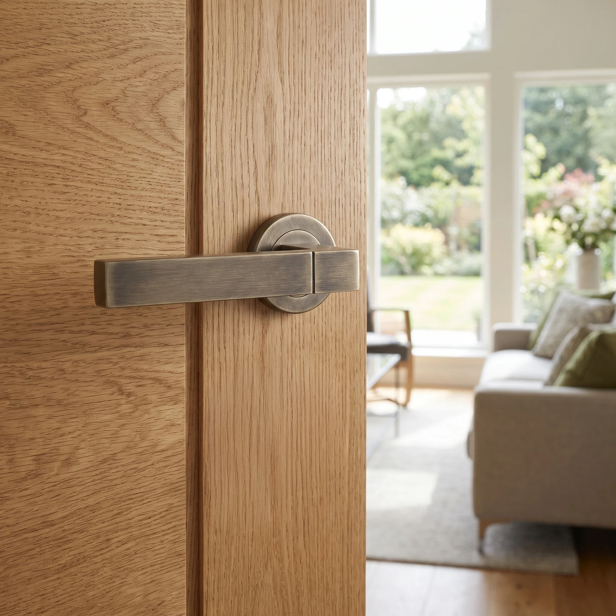 Lumina Antique Brass Door Lever Handles – fitted on an interior door in a styled room setting 2
