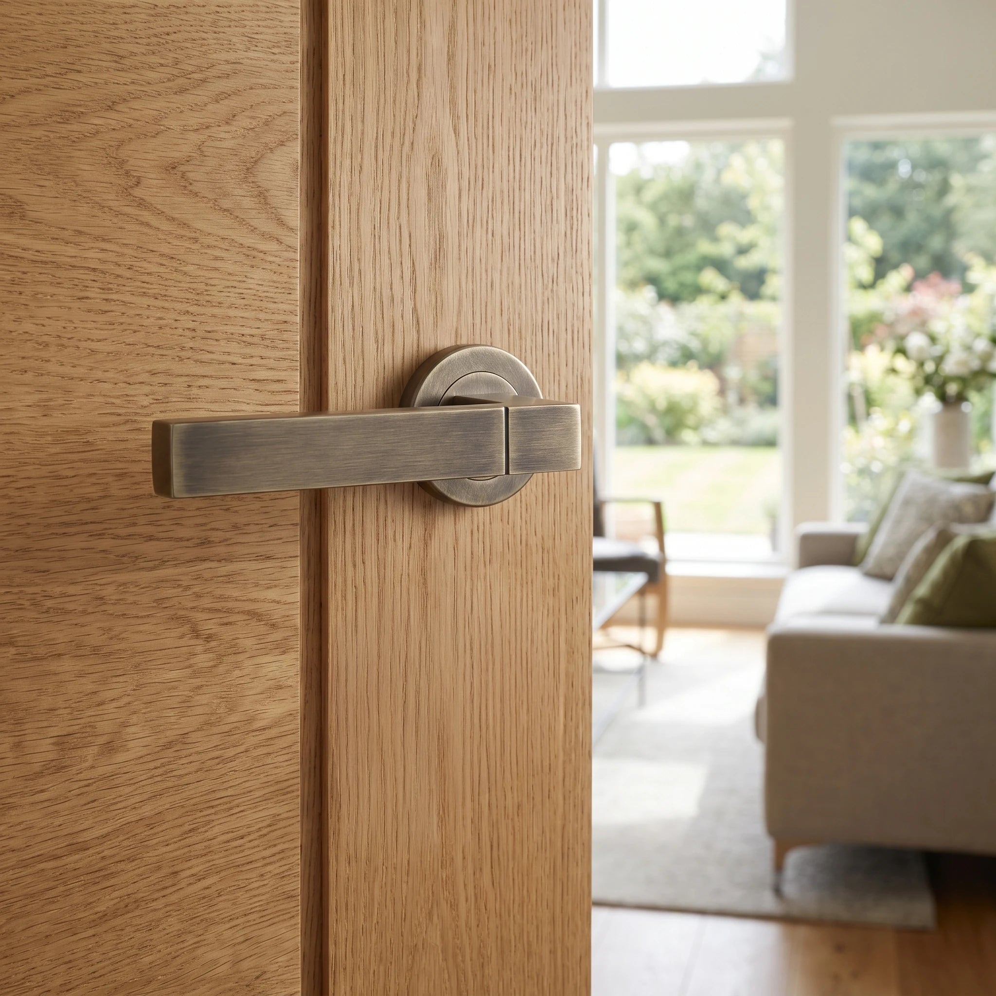 Lumina Antique Brass Door Lever Handles – fitted on an interior door in a styled room setting 2