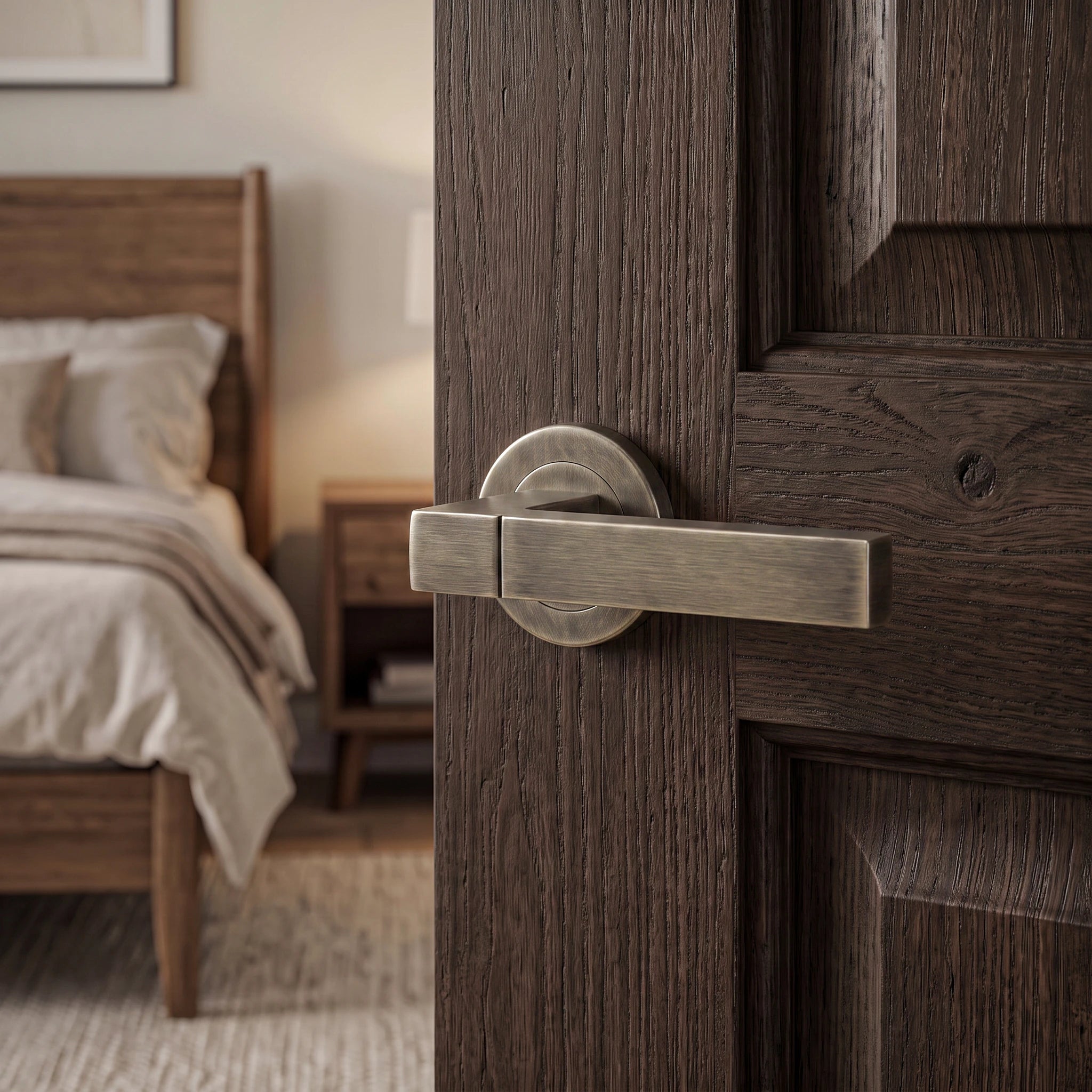 Lumina Antique Brass Door Lever Handles – fitted on an interior door in a styled room setting 3