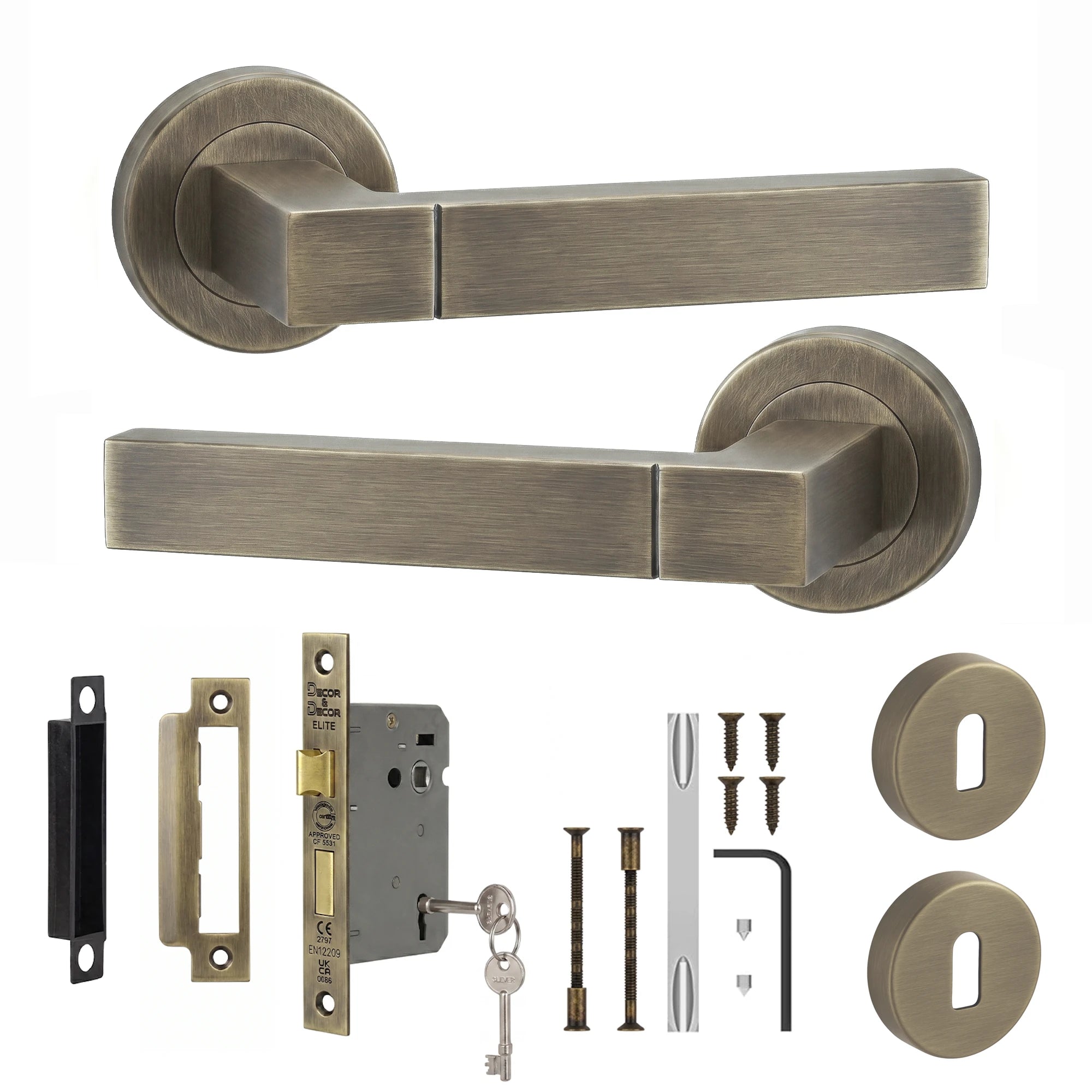 Lumina Antique Brass Privacy Door Lever Handles - Sash Lock Kit Set