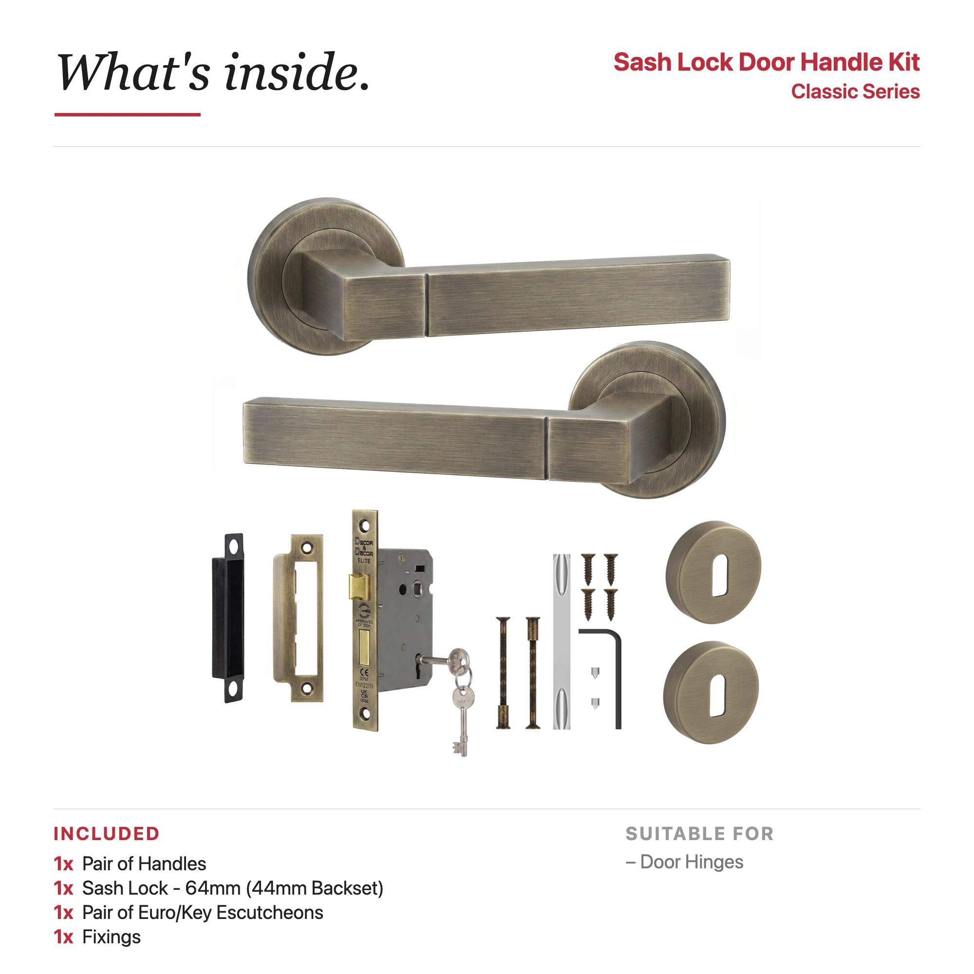 Lumina Antique Brass Privacy Door Lever Handles – showing what's included in the box