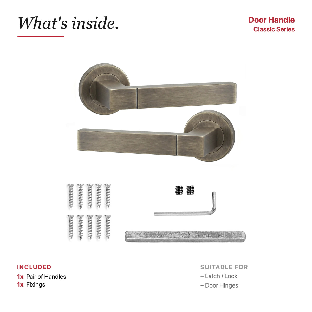 Lumina Antique Brass Door Lever Handles – showing what's included in the box