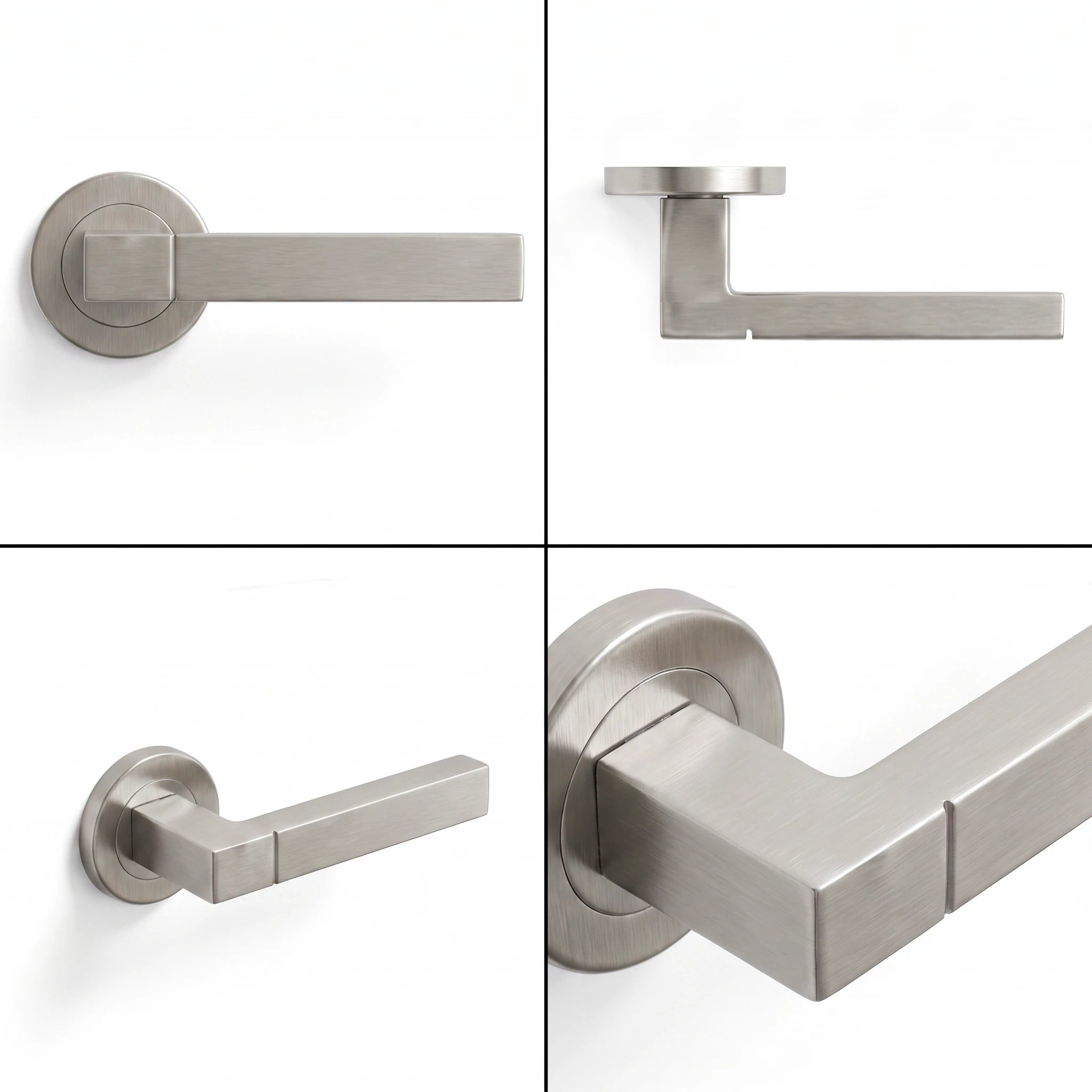 Lumina Satin Nickel Privacy Door Lever Handles – shown from multiple angles