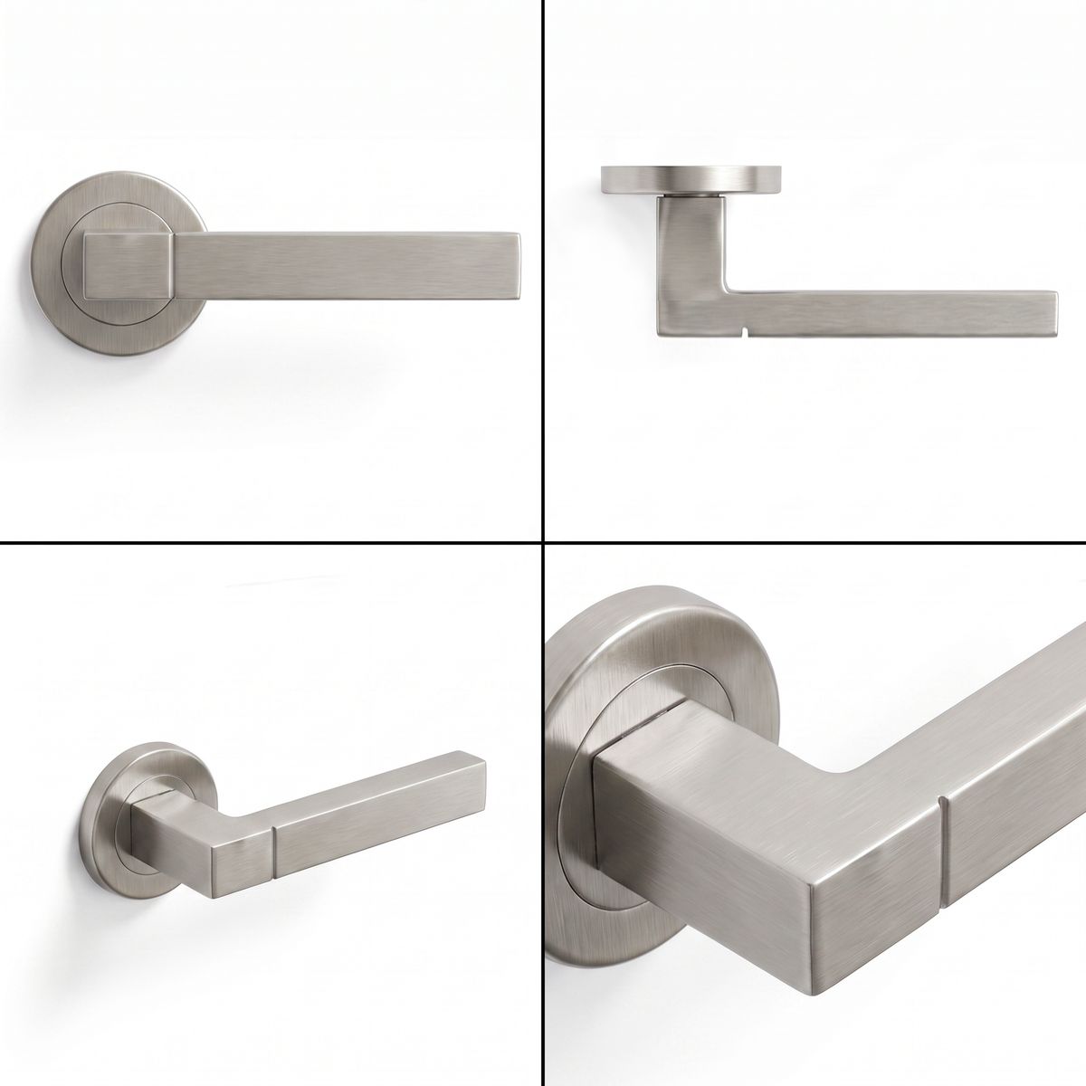 Lumina Satin Nickel Passage Door Lever Handles – shown from multiple angles