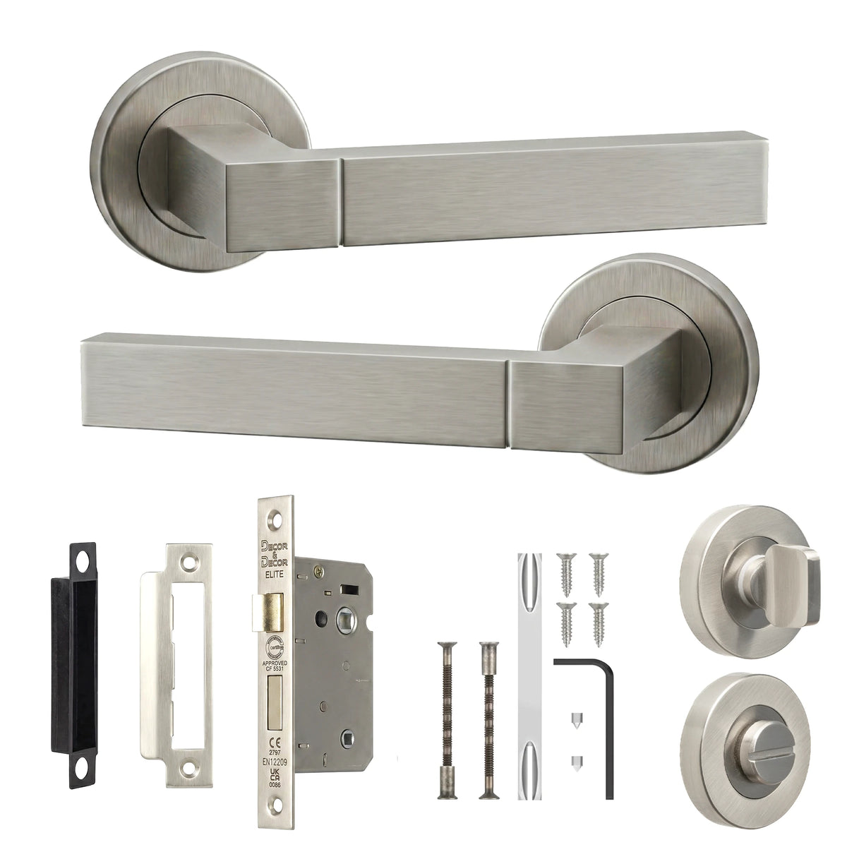 Lumina Satin Nickel Bathroom Door Lever Handles - Bathroom Kit Set