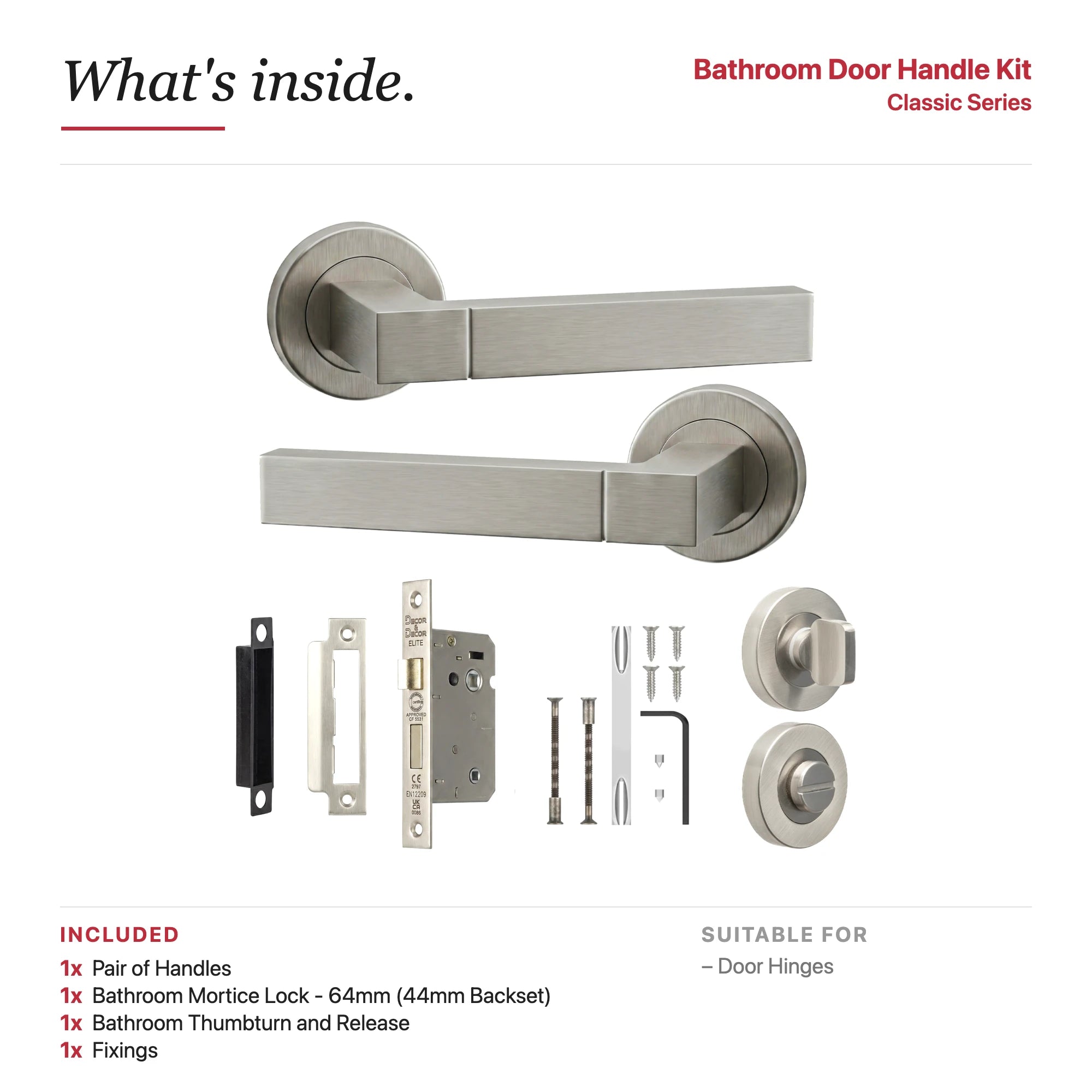 Lumina Satin Nickel Bathroom Door Lever Handles – showing what's included in the box