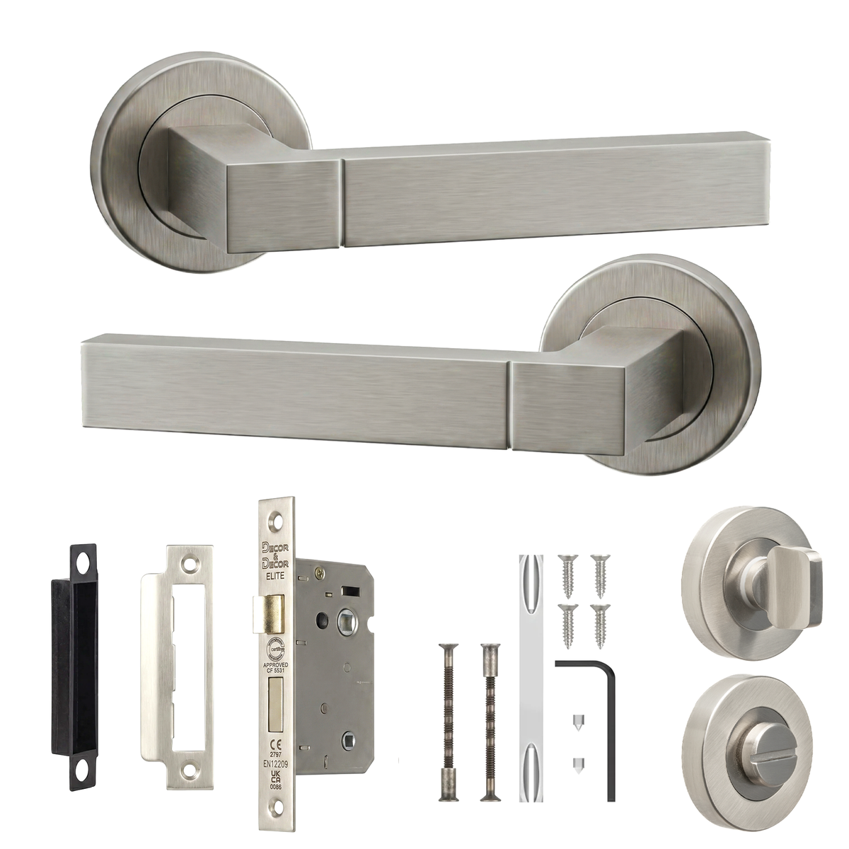 Lumina Satin Nickel Bathroom Door Lever Handles - Bathroom Kit 76mm