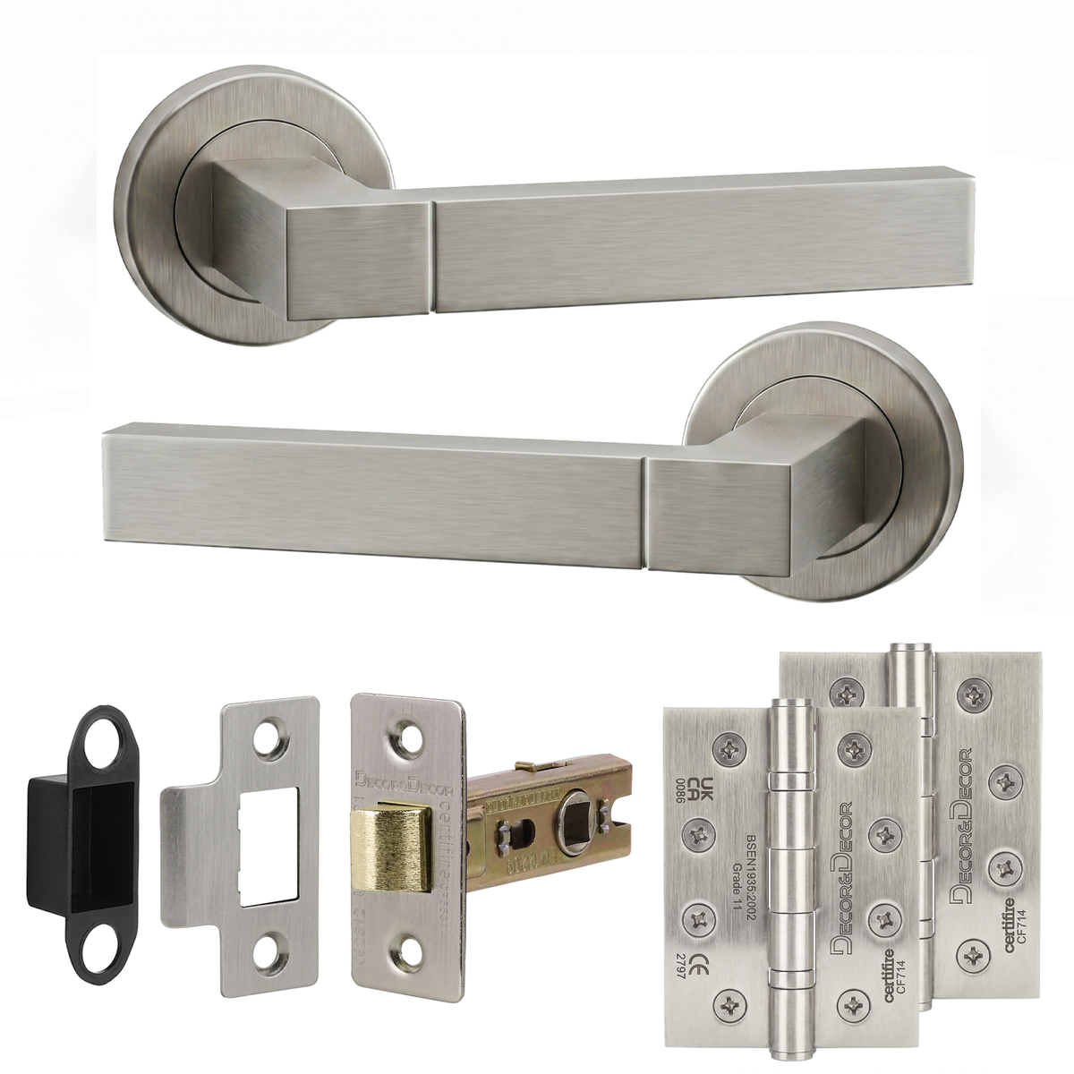Lumina Satin Nickel Passage Door Lever Handles - Hinge Kit 102mm