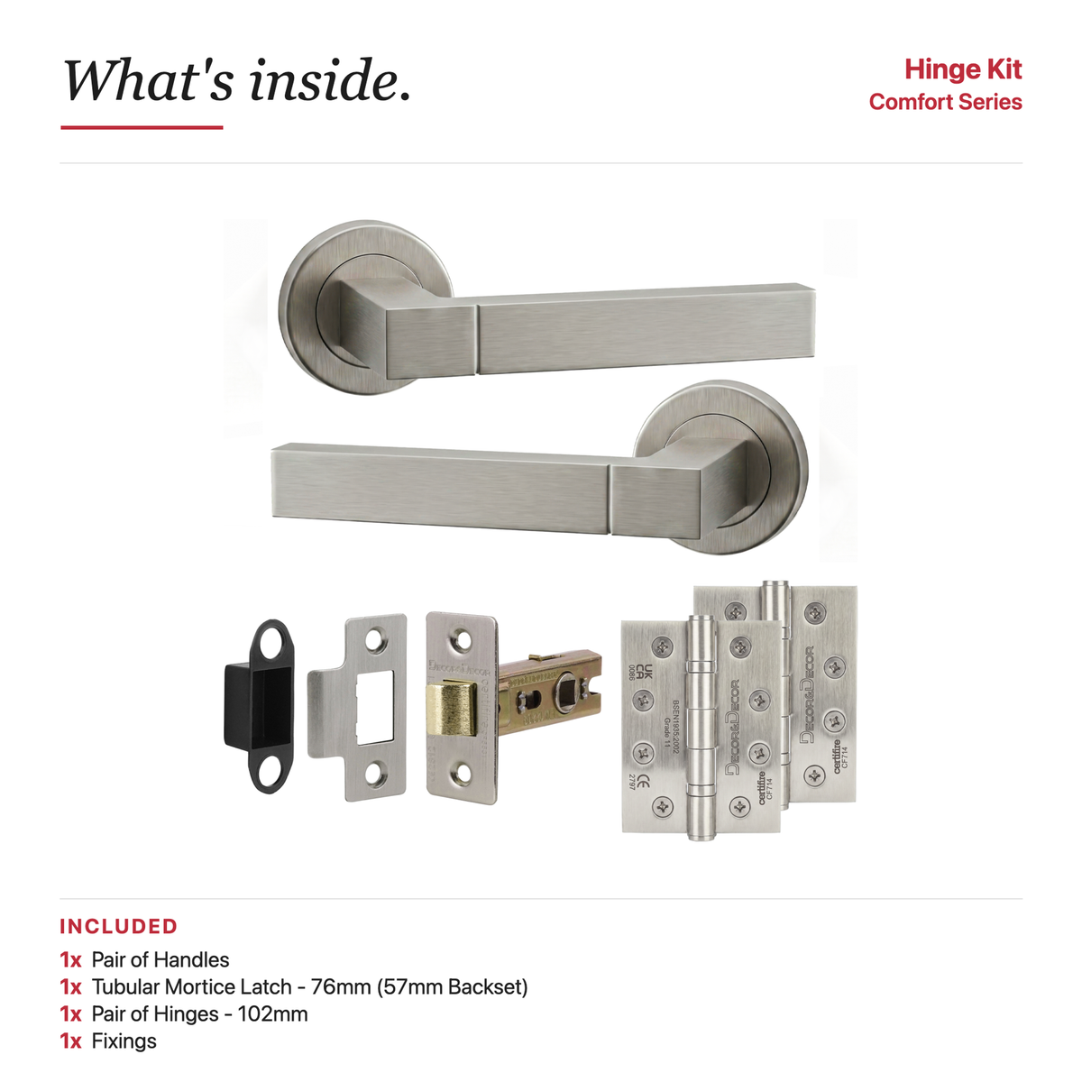 Lumina Satin Nickel Passage Door Lever Handles – showing what's included in the box