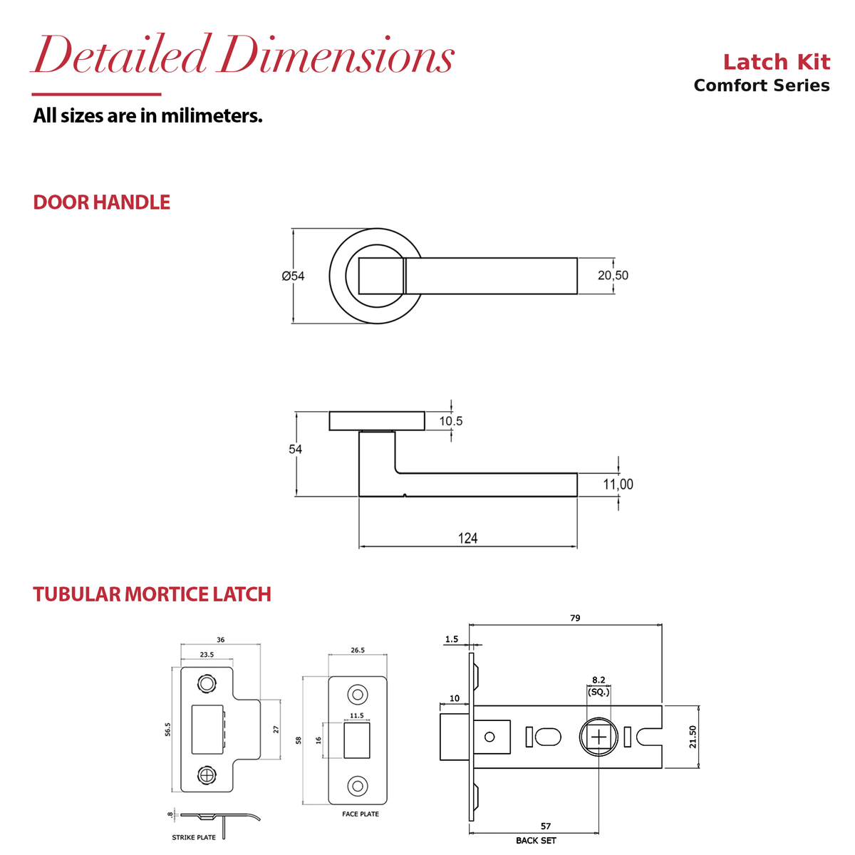 Lumina Satin Nickel Passage Door Lever Handles – dimensions and measurements diagram