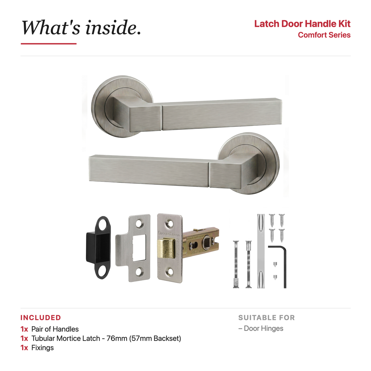 Lumina Satin Nickel Passage Door Lever Handles – showing what's included in the box