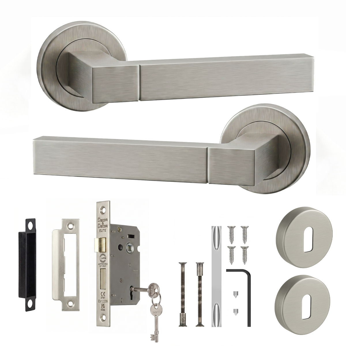 Lumina Satin Nickel Privacy Door Lever Handles - Sash Lock Kit 76mm