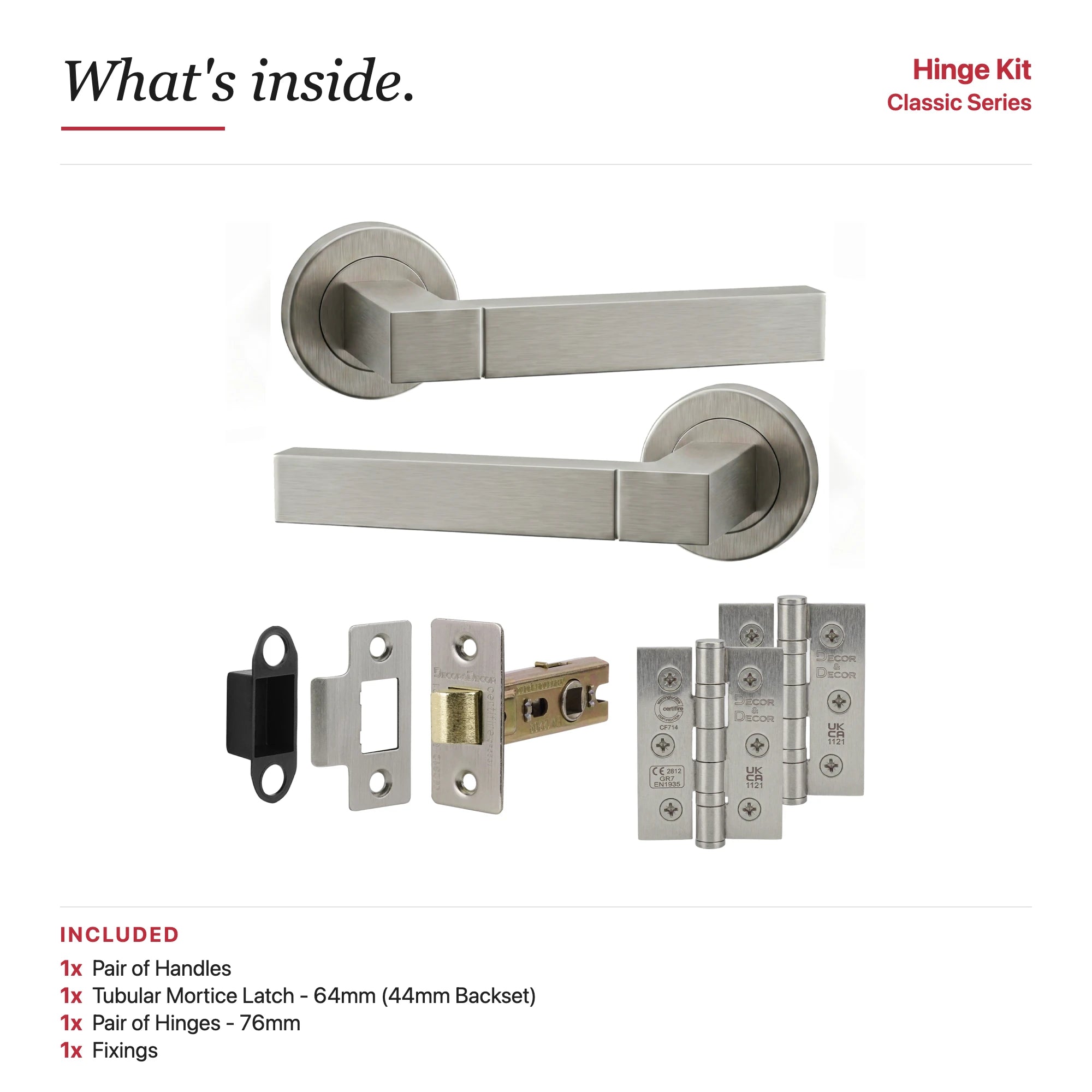 Lumina Satin Nickel Passage Door Lever Handles – showing what's included in the box