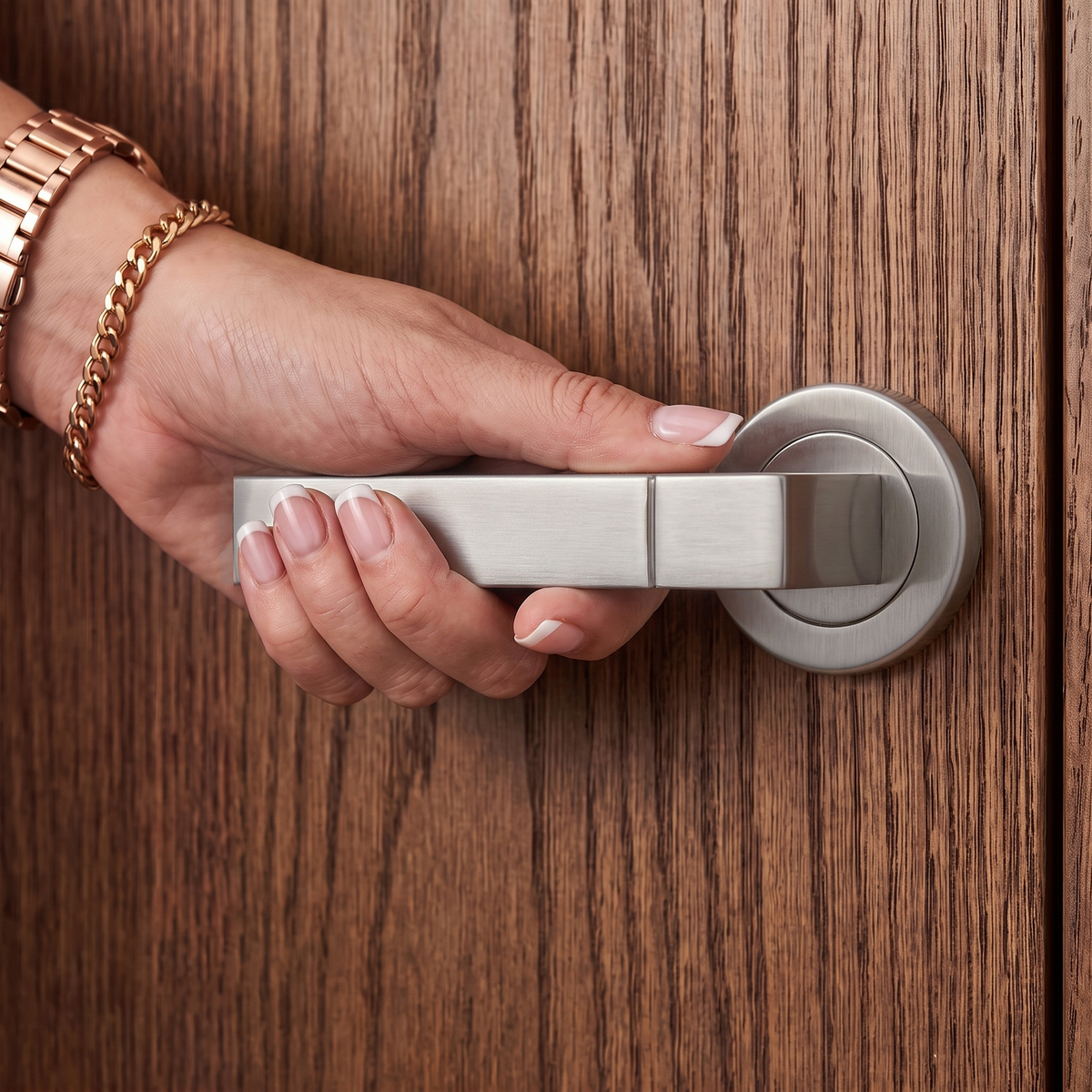 Lumina Satin Nickel Passage Door Lever Handles – held in hand to show the size and finish