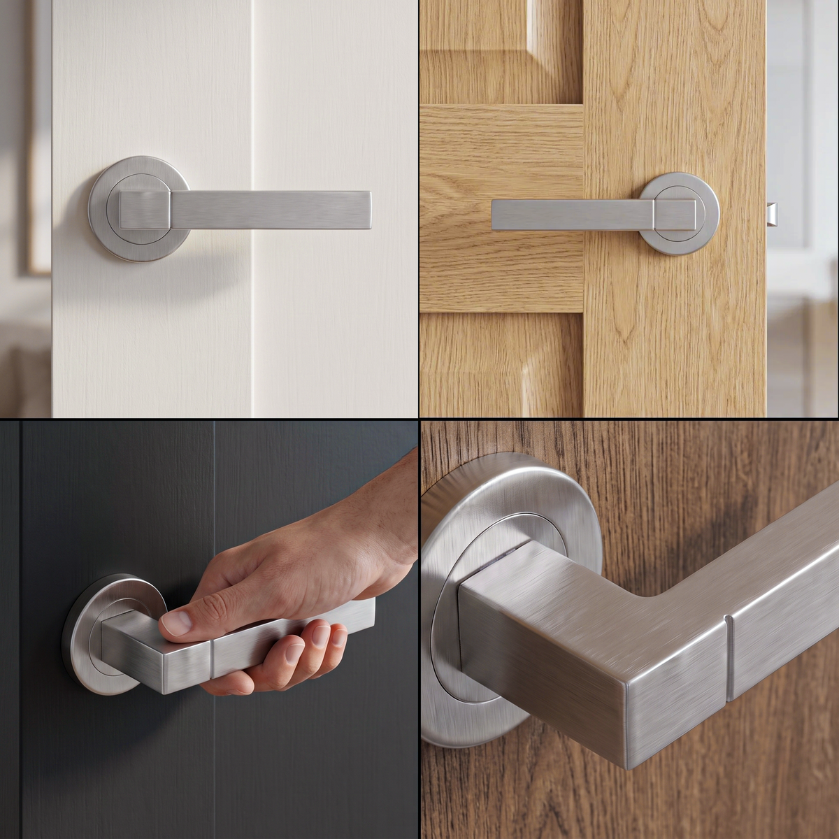 Lumina Satin Nickel Passage Door Lever Handles – fitted on an interior door in a styled room setting