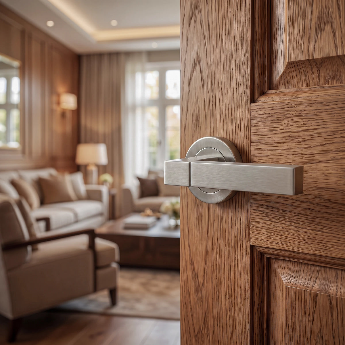 Lumina Satin Nickel Door Lever Handles – fitted on an interior door in a styled room setting 3