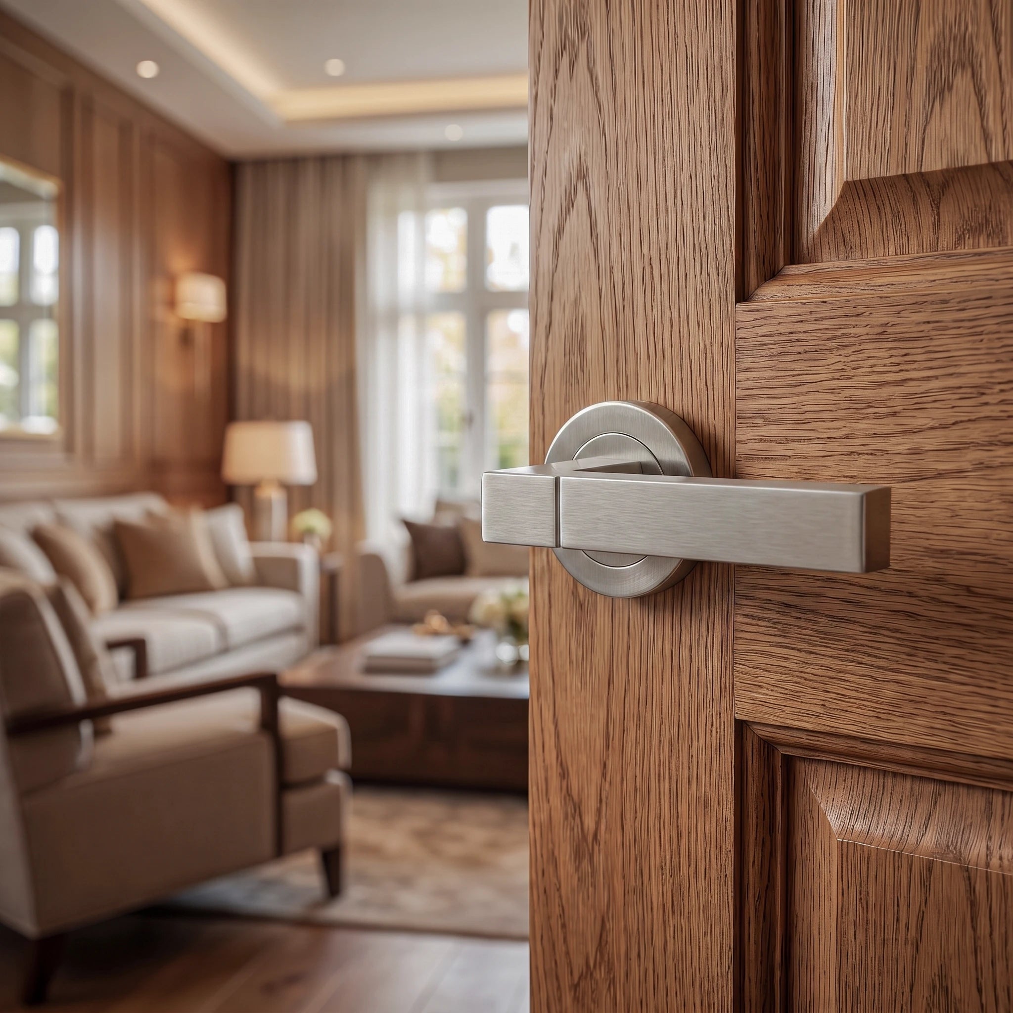 Lumina Satin Nickel Privacy Door Lever Handles – fitted on an interior door in a styled room setting 3