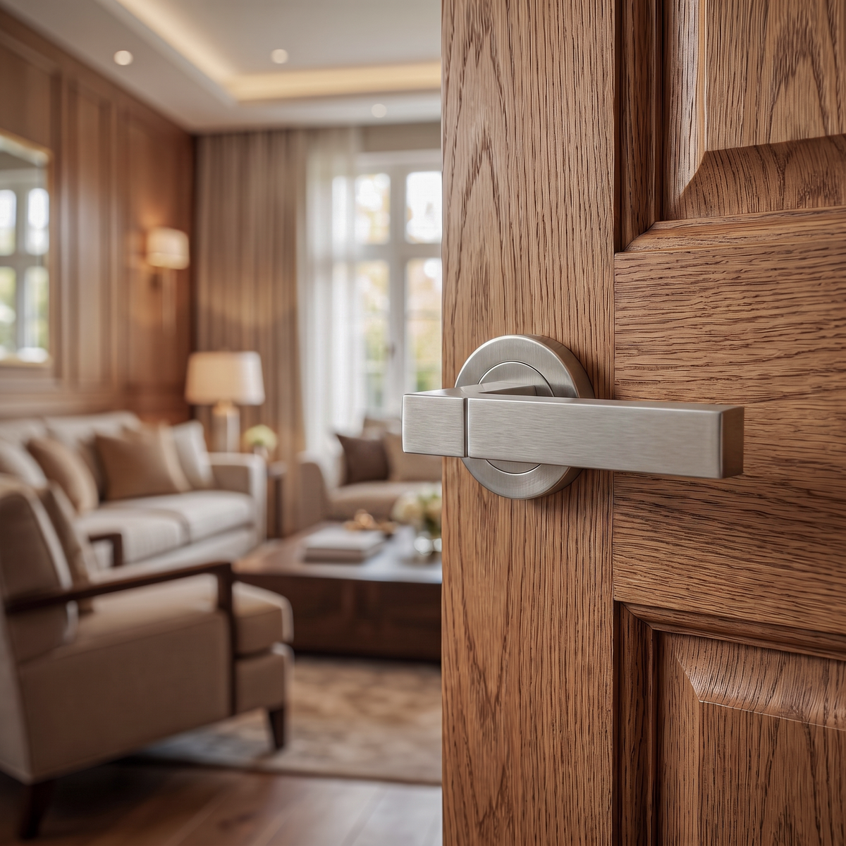 Lumina Satin Nickel Passage Door Lever Handles – fitted on an interior door in a styled room setting 3