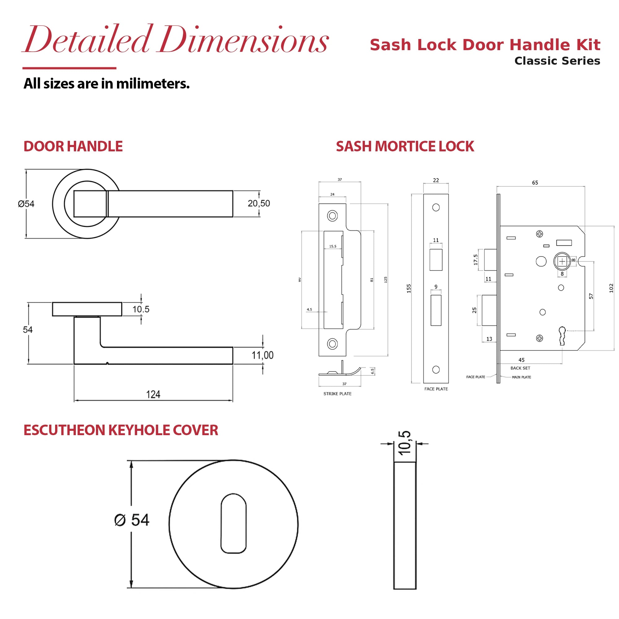 Lumina Satin Nickel Privacy Door Lever Handles – dimensions and measurements diagram