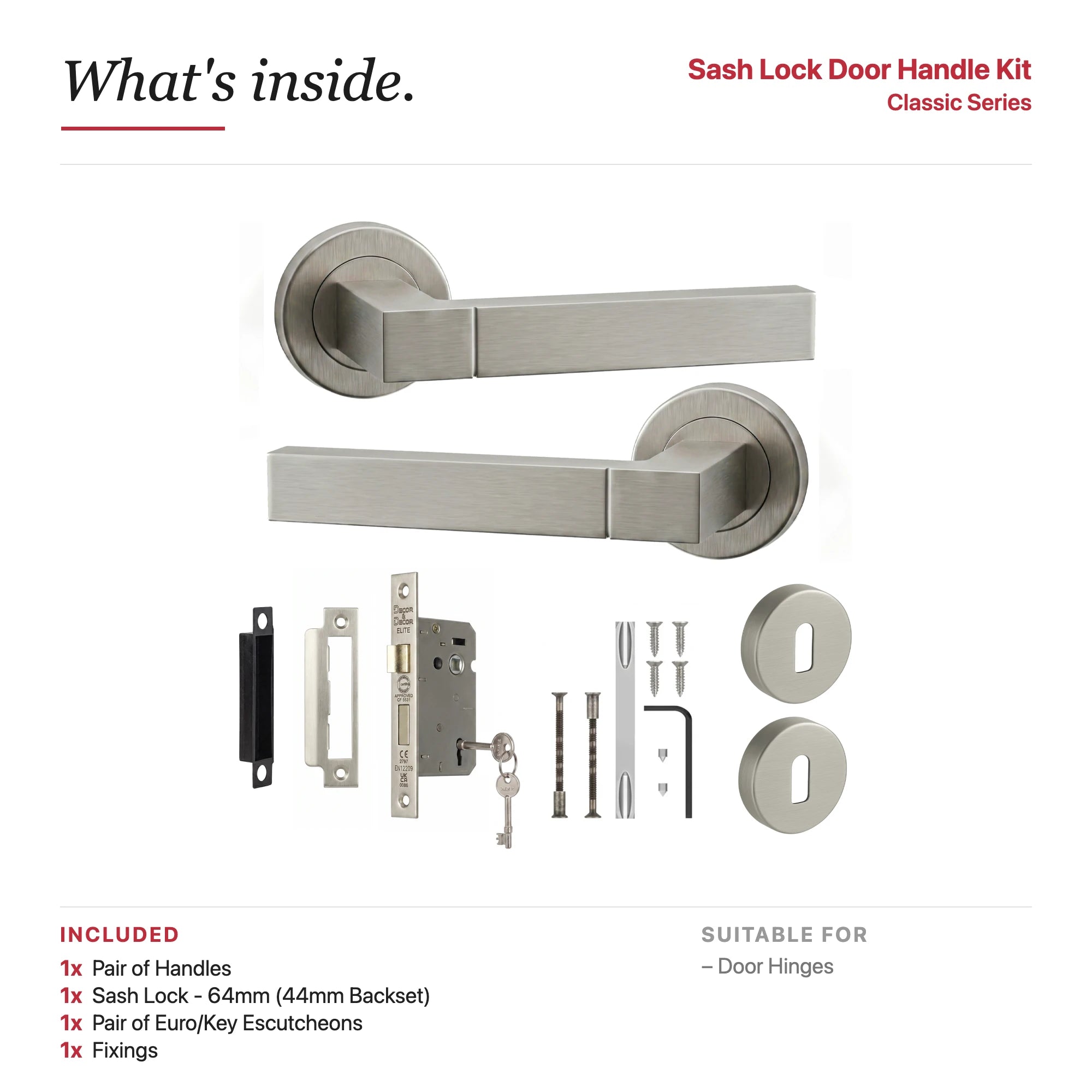 Lumina Satin Nickel Privacy Door Lever Handles – showing what's included in the box