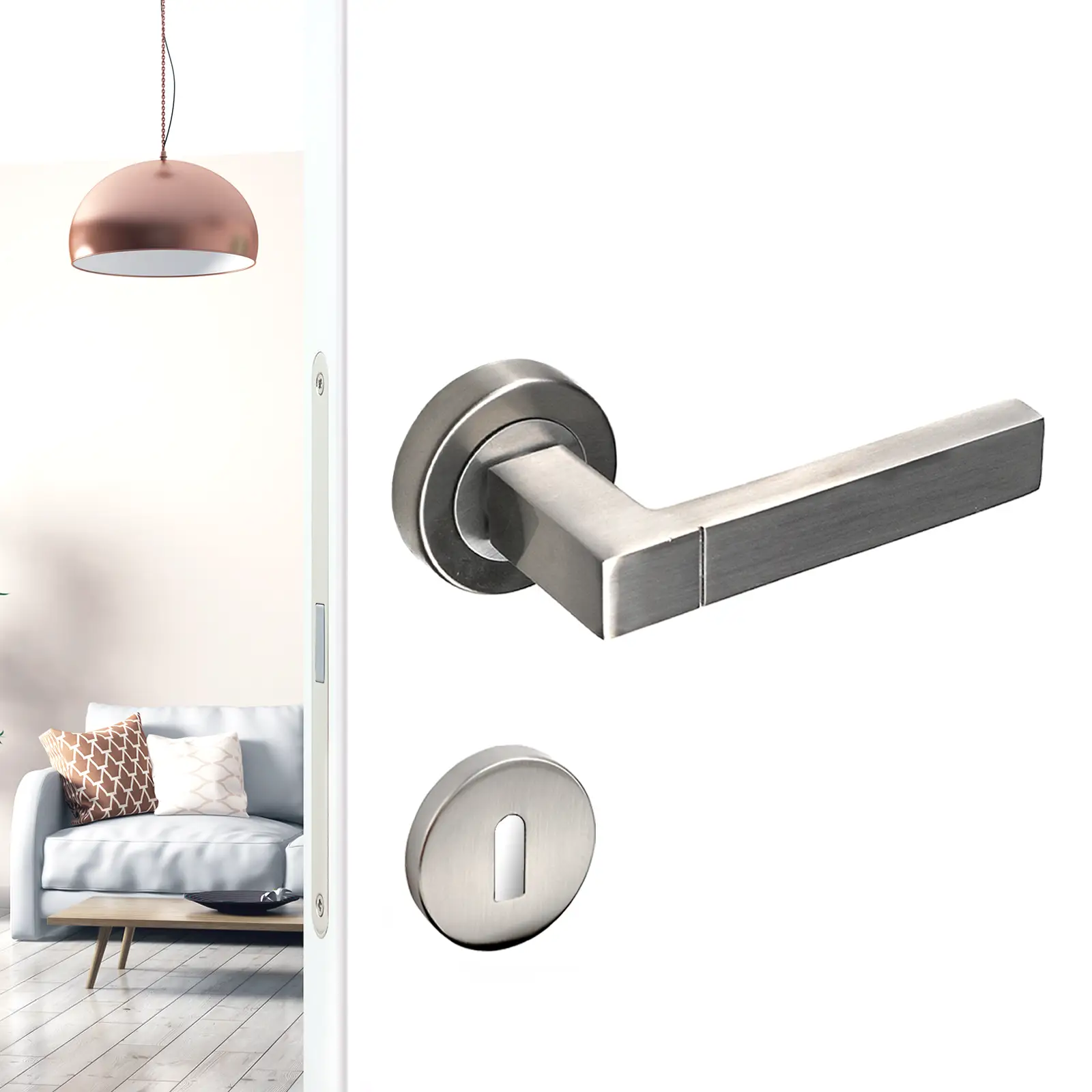 Lumina Satin Nickel Privacy Door Lever Handles - Sash Lock Kit Set - Decor And Decor