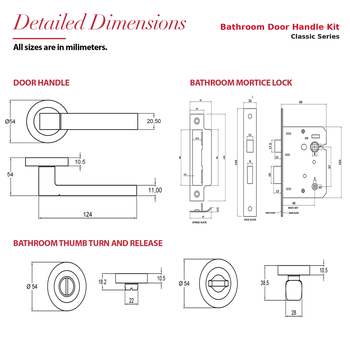 Lumina Matt Black Bathroom Door Lever Handles – dimensions and measurements diagram