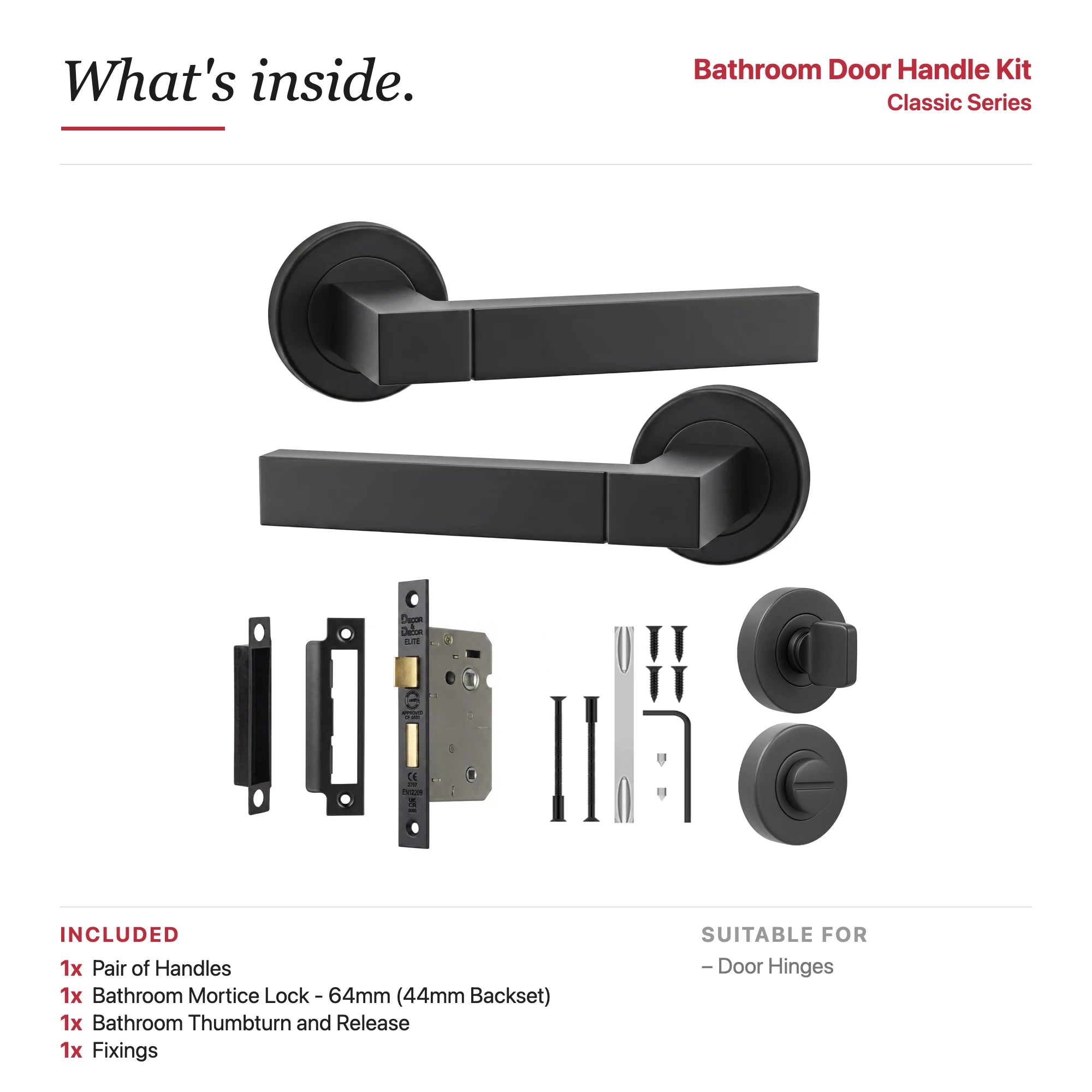 Lumina Matt Black Bathroom Door Lever Handles – showing what's included in the box