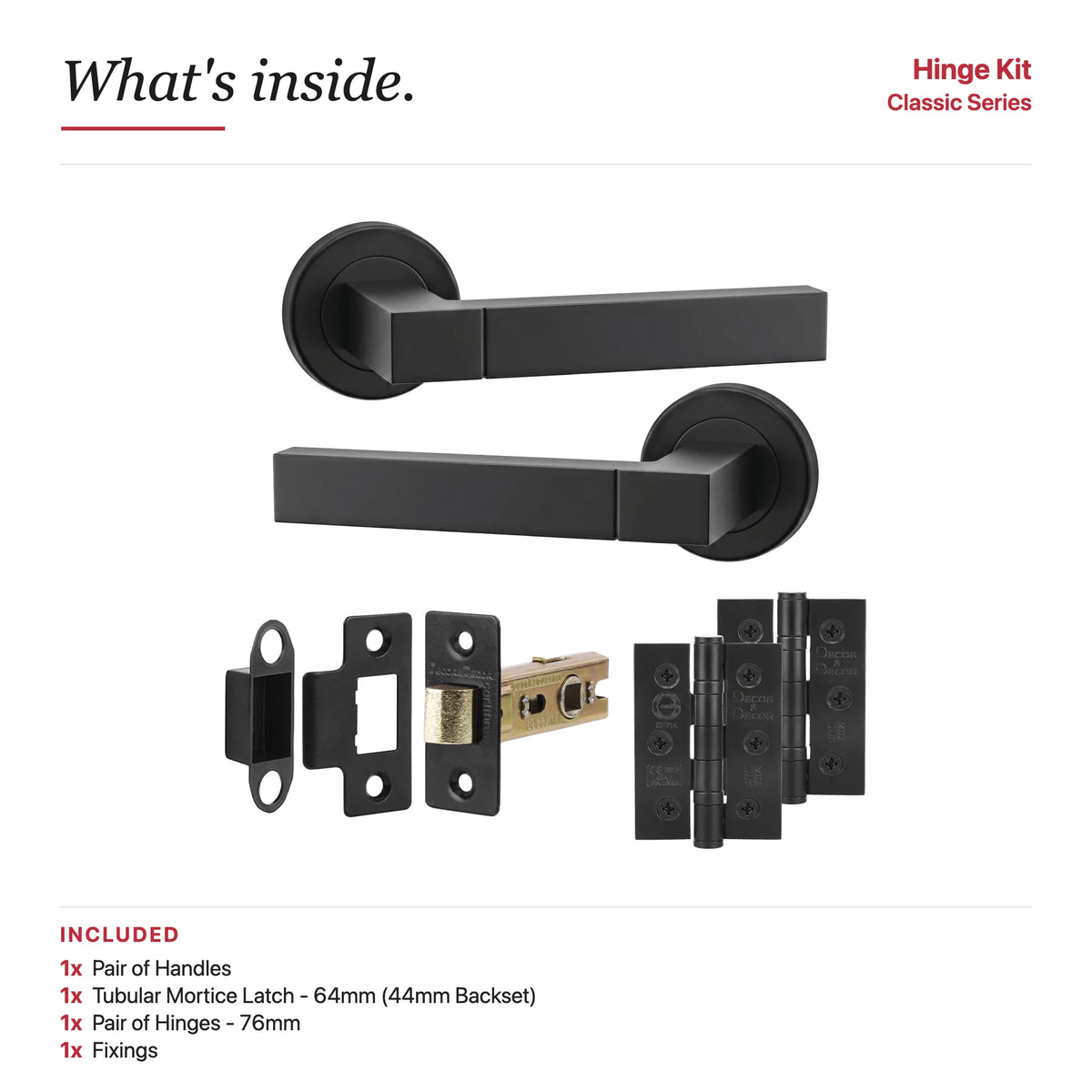 Lumina Matt Black Passage Door Lever Handles – showing what's included in the box