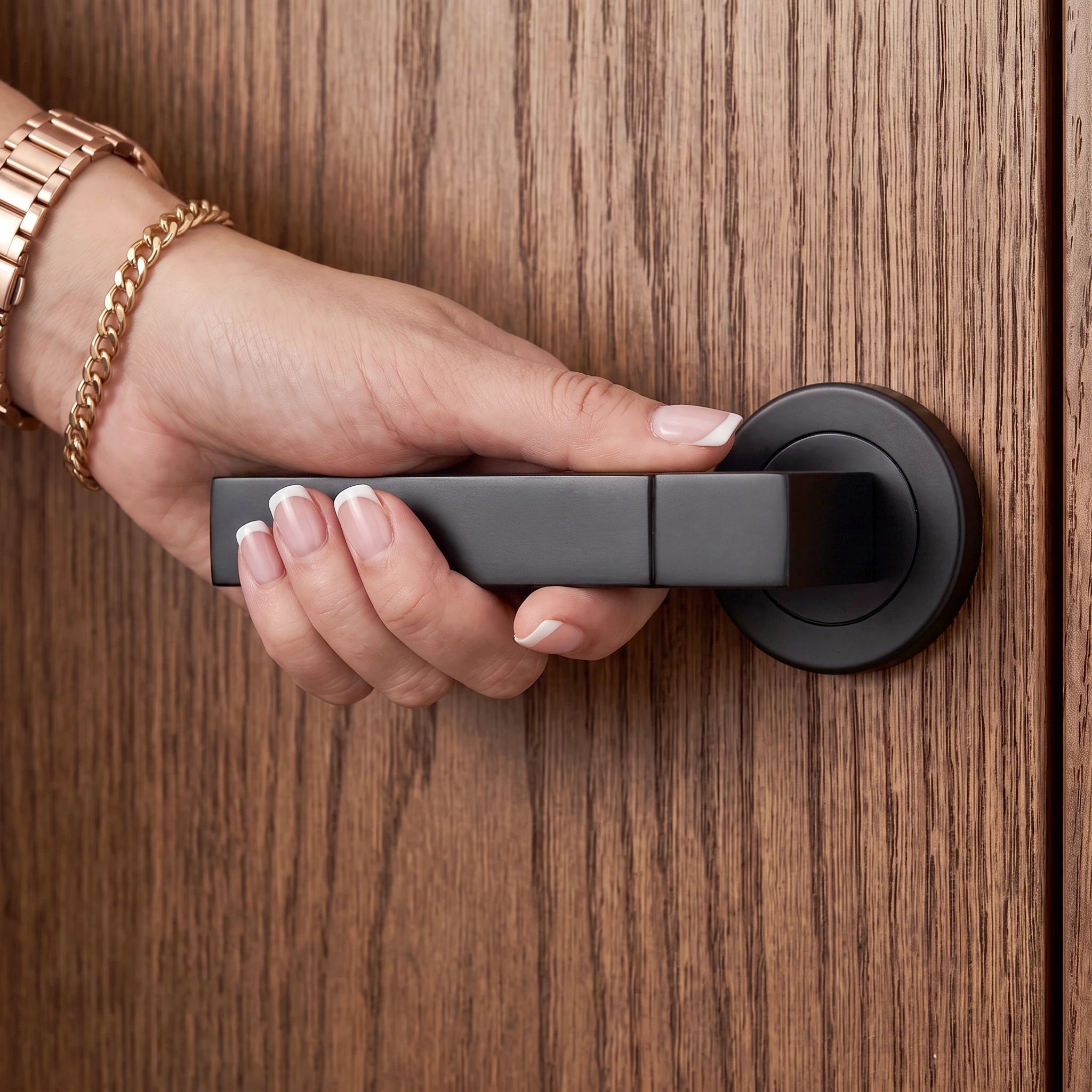 Lumina Matt Black Passage Door Lever Handles – held in hand to show the size and finish