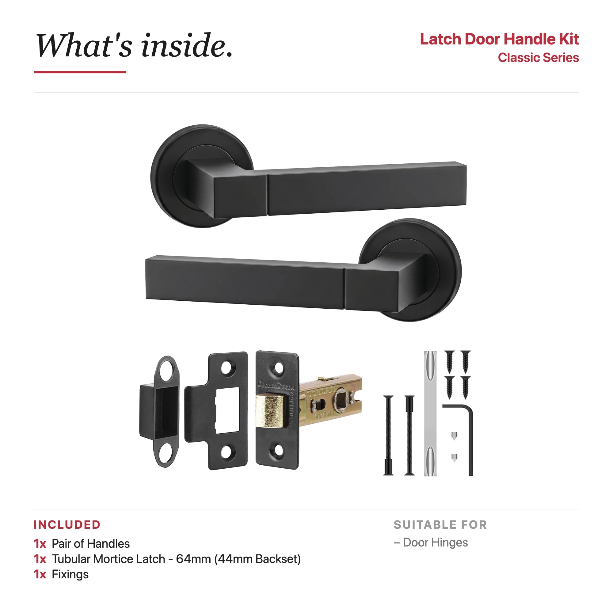 Lumina Matt Black Passage Door Lever Handles – showing what's included in the box