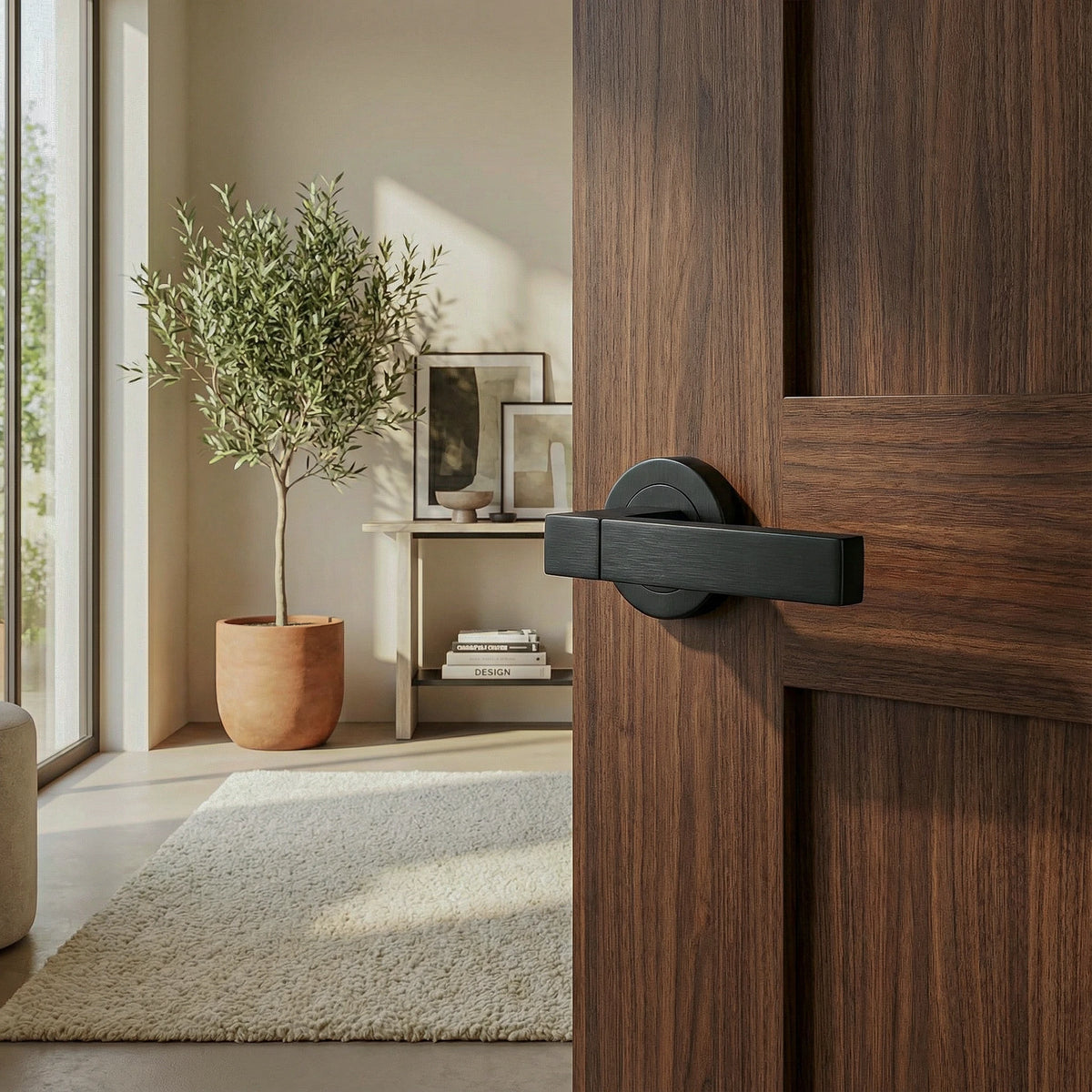 Lumina Matt Black Door Lever Handles – fitted on an interior door in a styled room setting 2