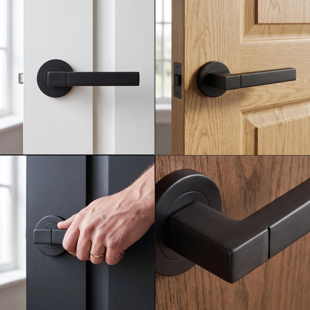 Lumina Matt Black Privacy Door Lever Handles – fitted on an interior door in a styled room setting