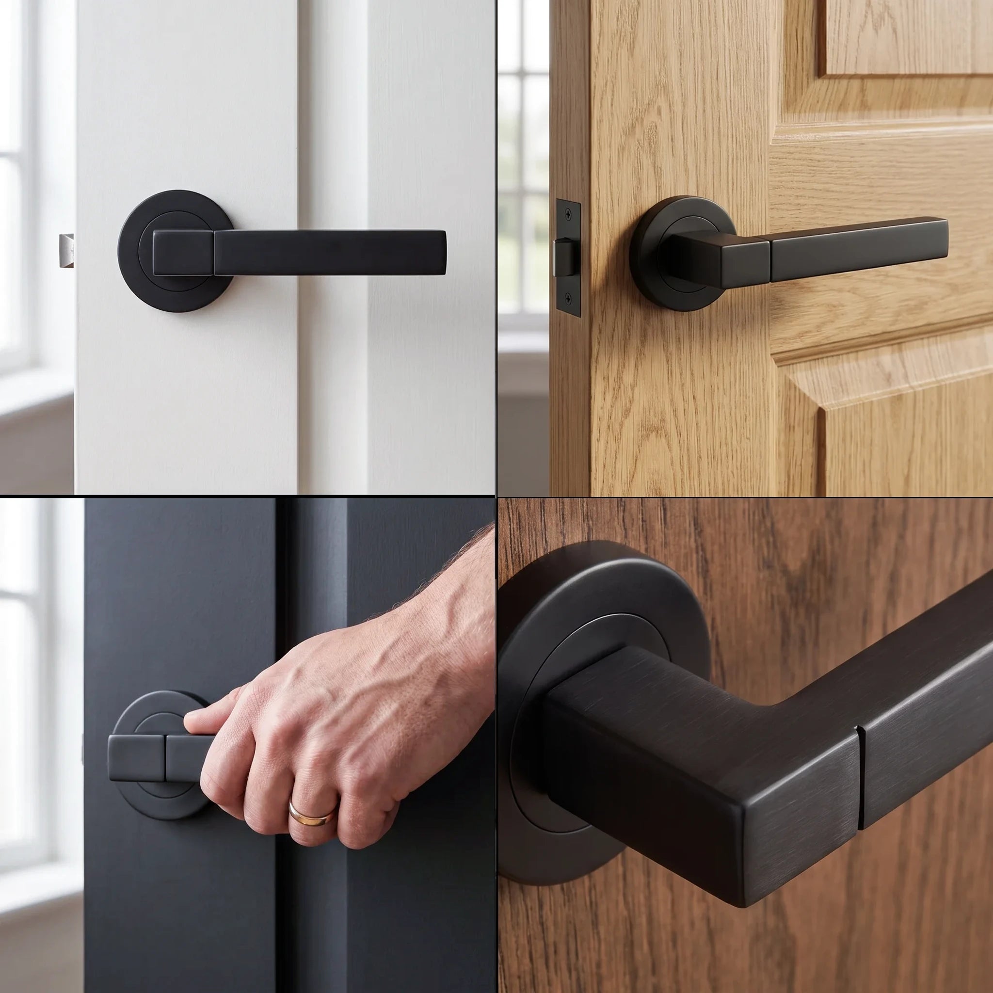 Lumina Matt Black Privacy Door Lever Handles – fitted on an interior door in a styled room setting