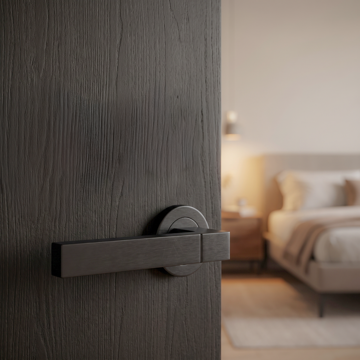 Lumina Matt Black Passage Door Lever Handles – fitted on an interior door in a styled room setting 3