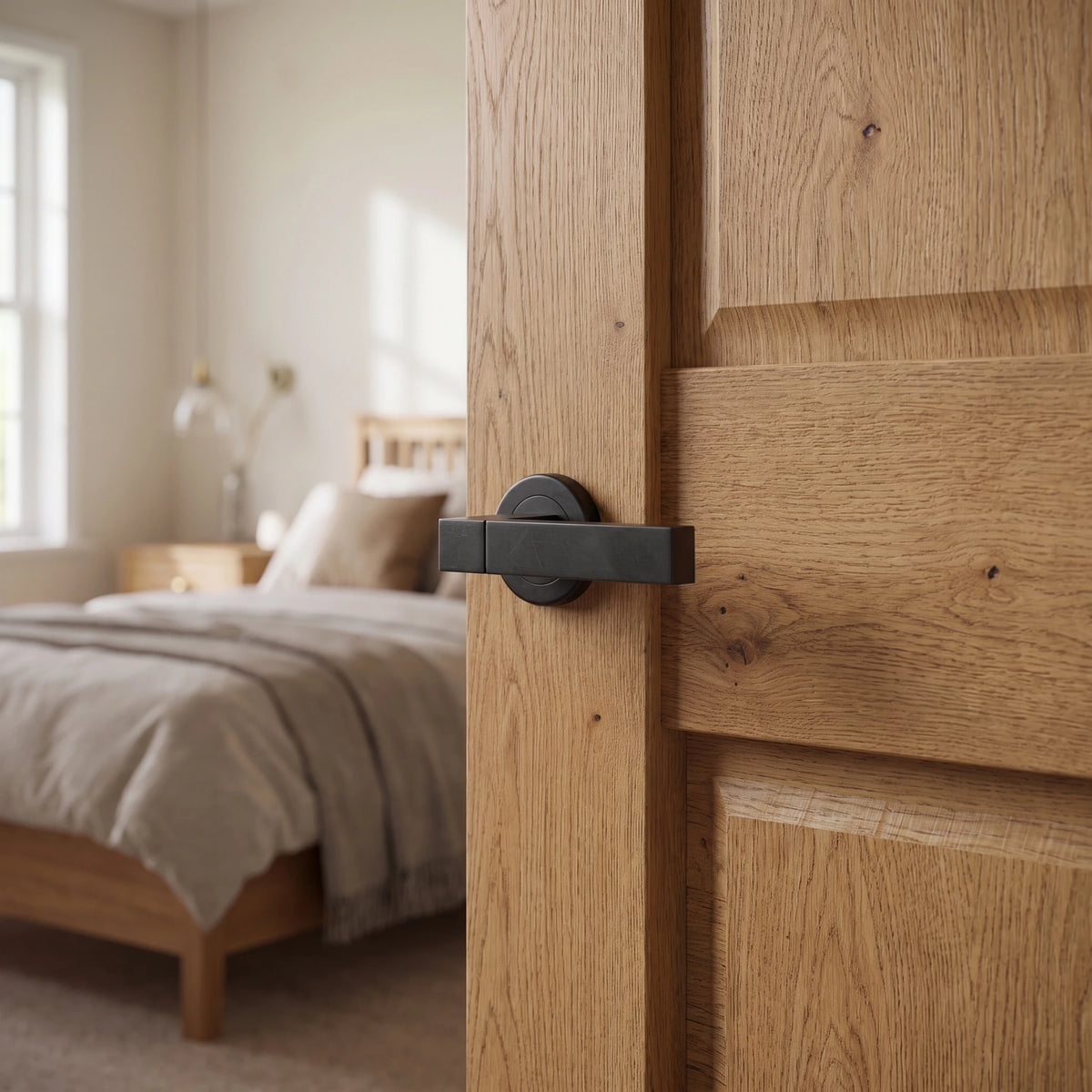 Lumina Matt Black Privacy Door Lever Handles – fitted on an interior door in a styled room setting 4