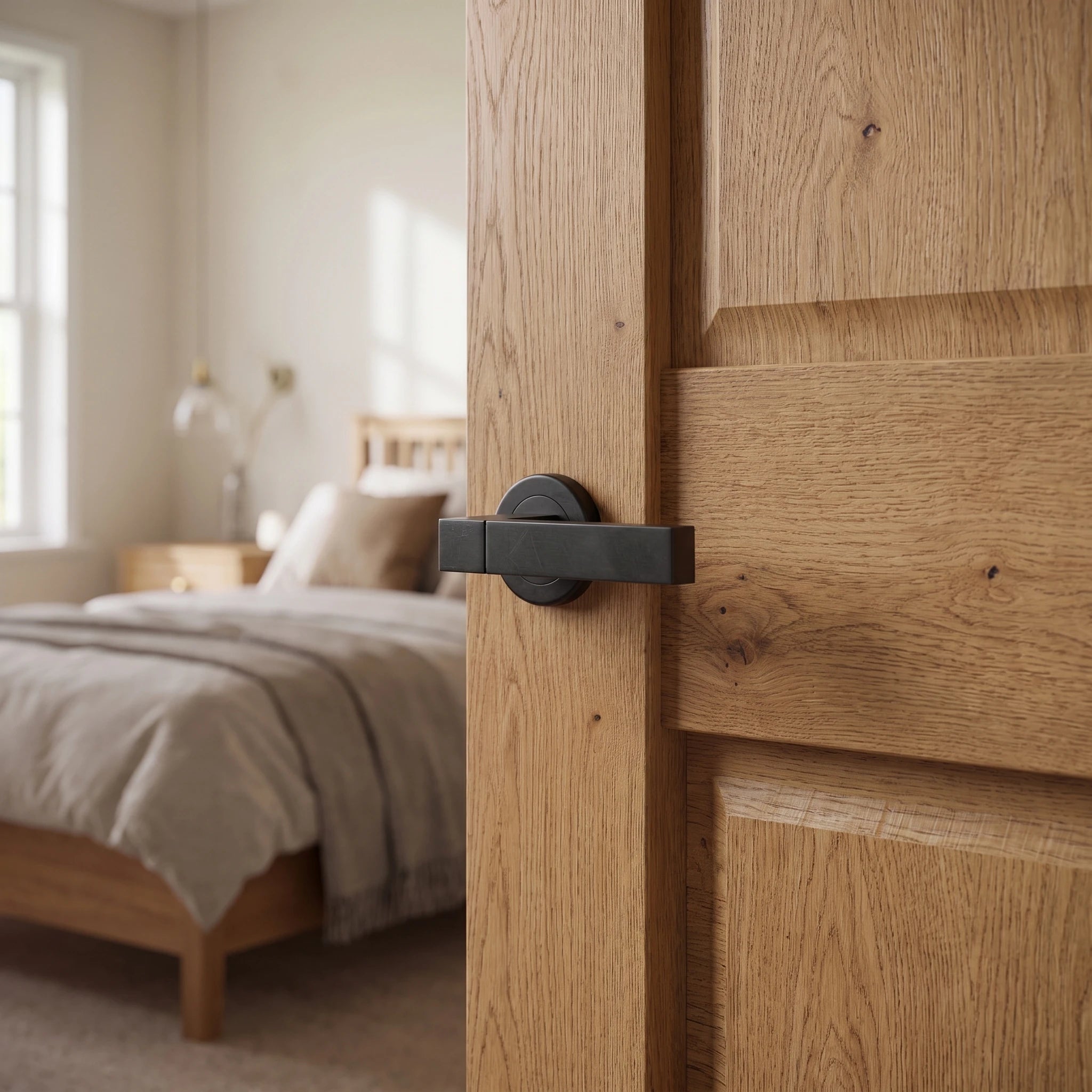 Lumina Matt Black Passage Door Lever Handles – fitted on an interior door in a styled room setting 4