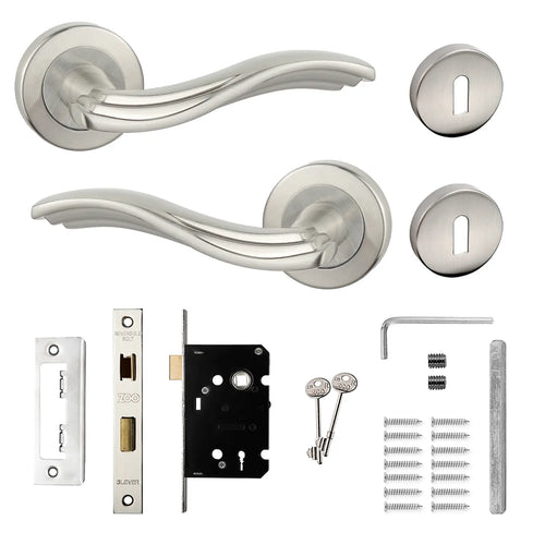 Solace Satin Nickel Privacy Door Lever Handles - Sash Lock Kit Set - Decor And Decor