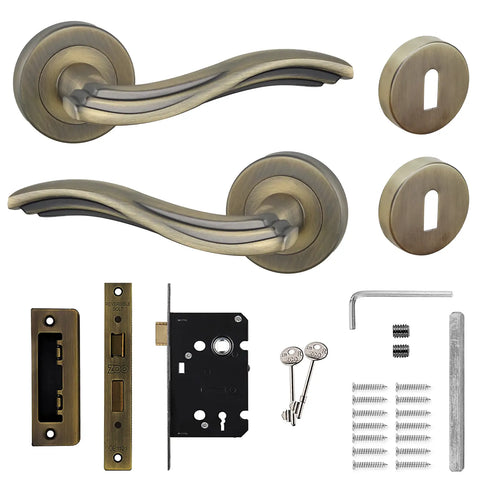 Solace Antique Brass Privacy Door Lever Handles - Sash Lock Kit Set - Decor And Decor