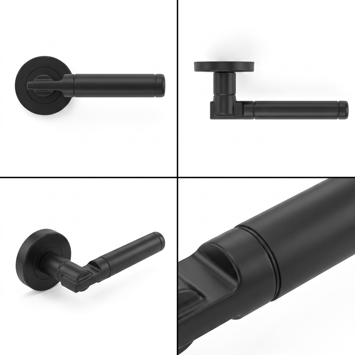 Enigma Matt Black Passage Door Lever Handles – shown from multiple angles