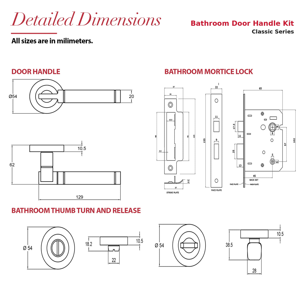 Enigma Matt Black Bathroom Door Lever Handles – dimensions and measurements diagram