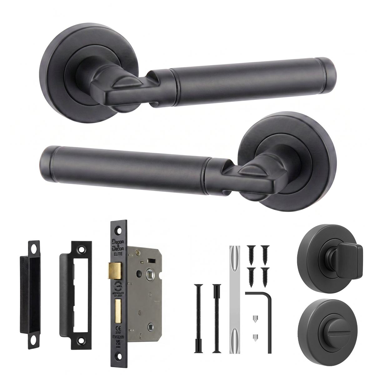 Enigma Matt Black Bathroom Door Lever Handles - Bathroom Kit 76mm