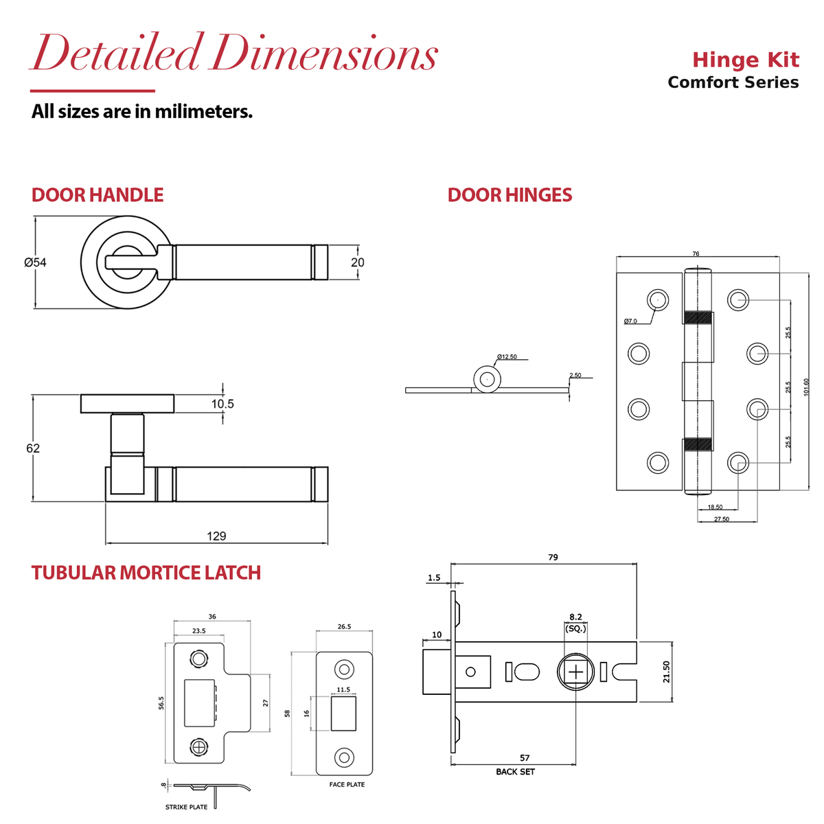 Enigma Matt Black Passage Door Lever Handles – dimensions and measurements diagram