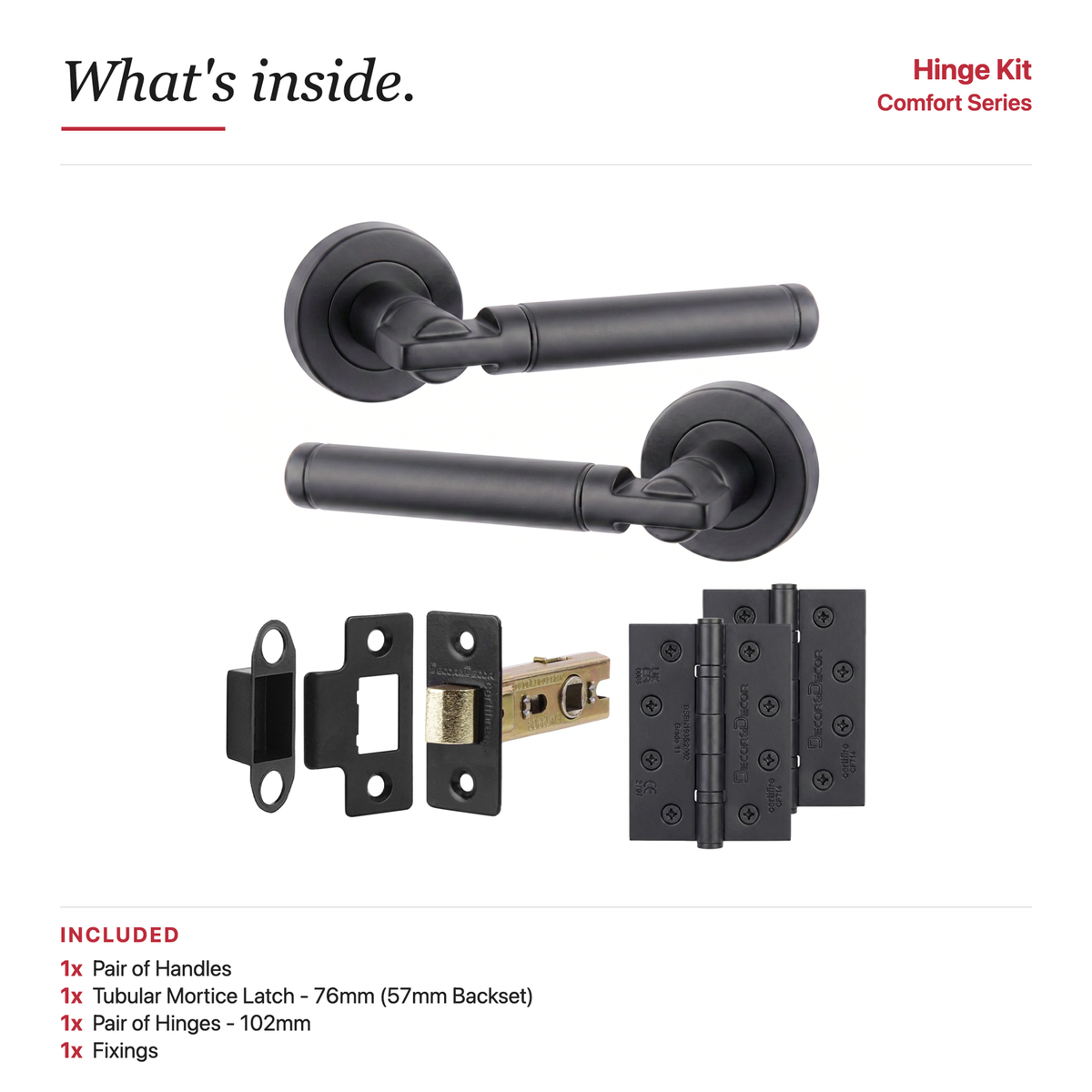 Enigma Matt Black Passage Door Lever Handles – showing what's included in the box