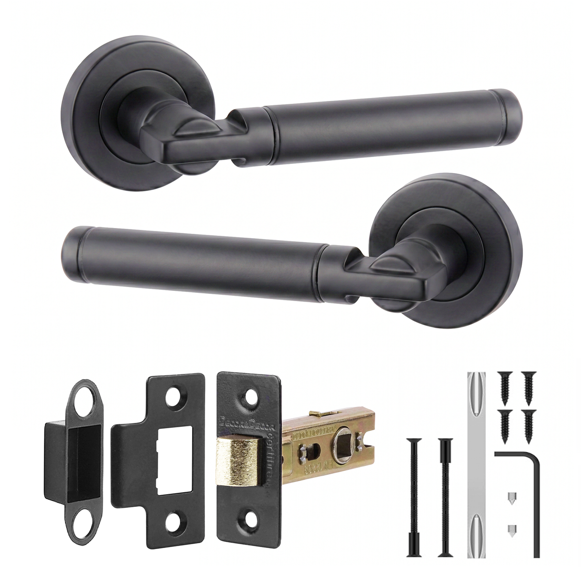 Enigma Matt Black Passage Door Lever Handles - Latch Kit 76mm