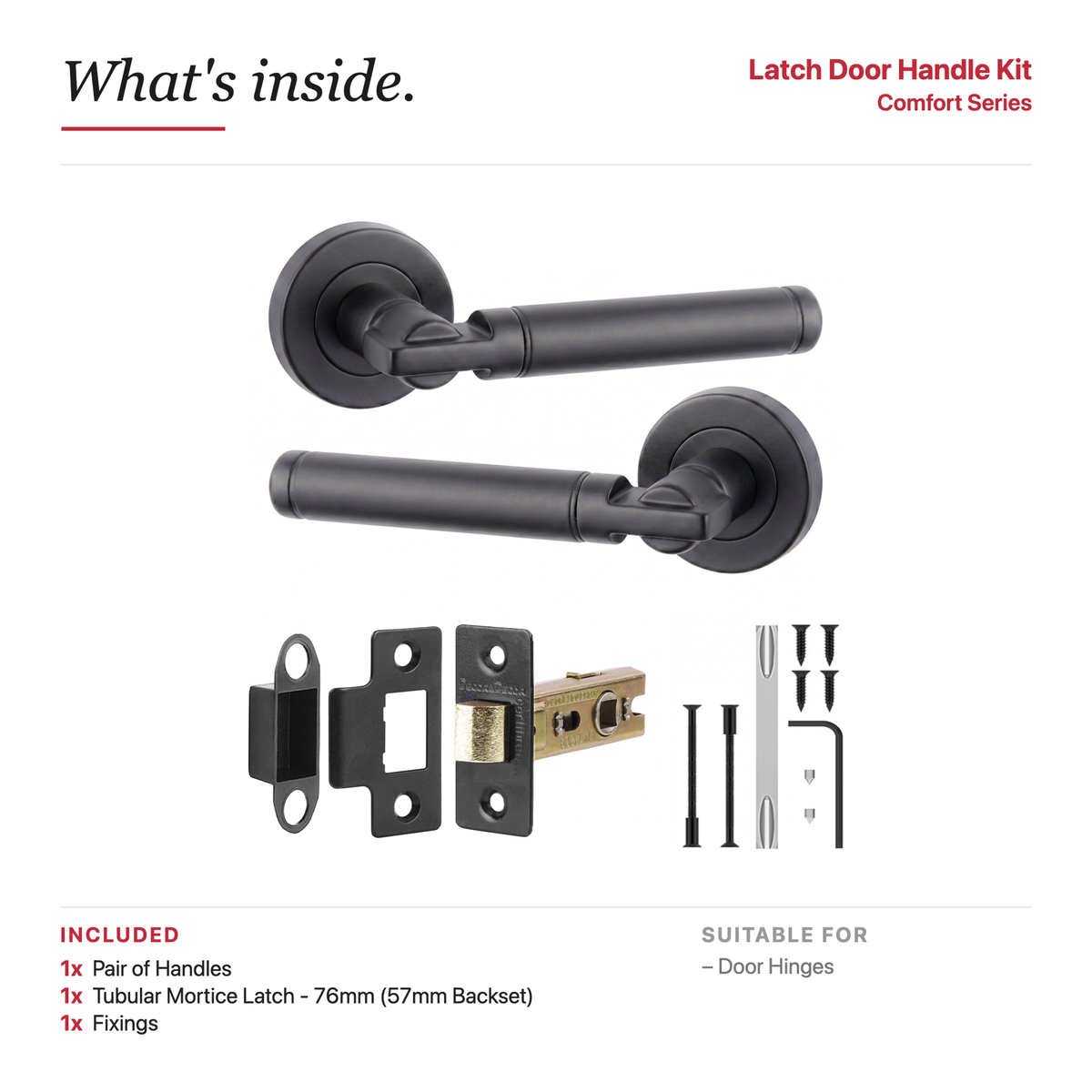 Enigma Matt Black Passage Door Lever Handles – showing what's included in the box