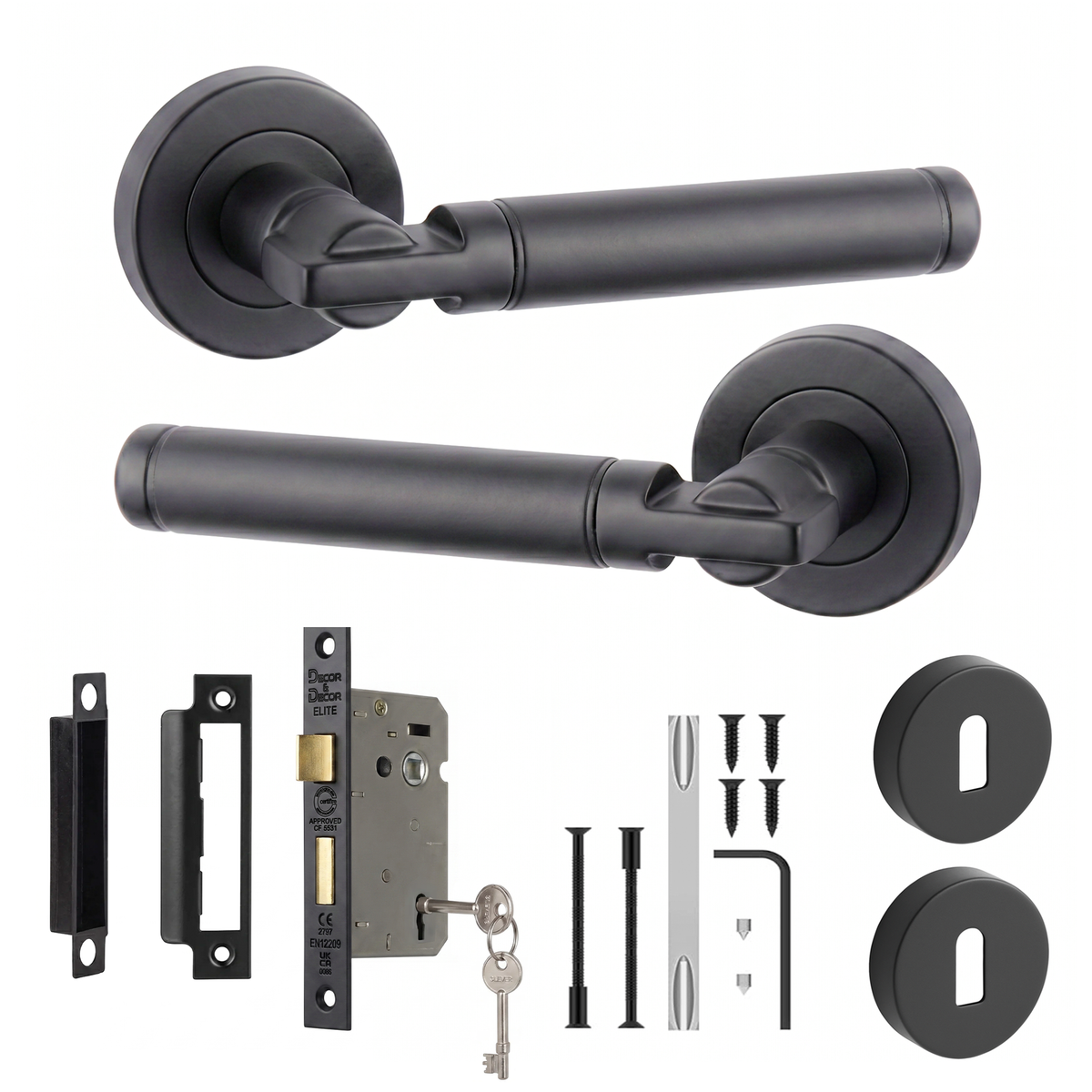 Enigma Matt Black Privacy Door Lever Handles - Sash Lock Kit 76mm