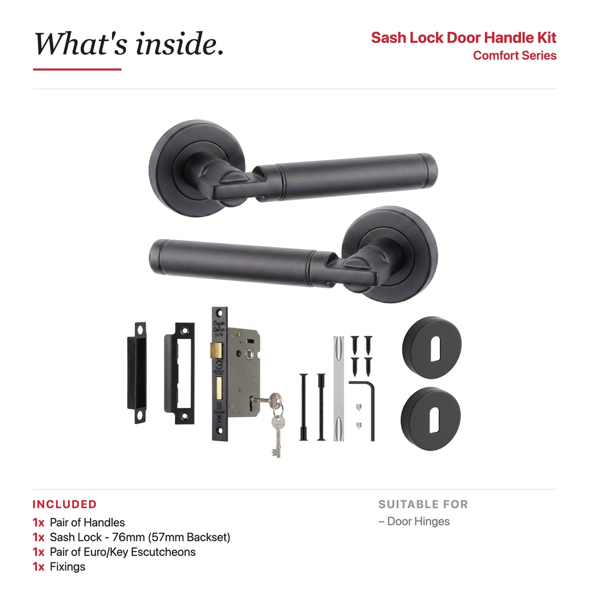 Enigma Matt Black Privacy Door Lever Handles – showing what's included in the box