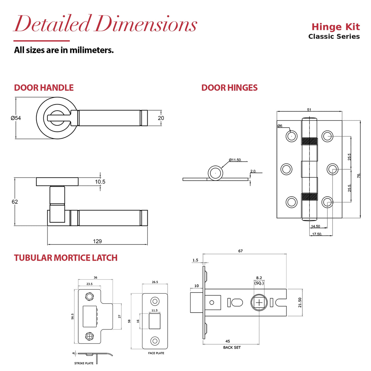 Enigma Matt Black Passage Door Lever Handles – dimensions and measurements diagram