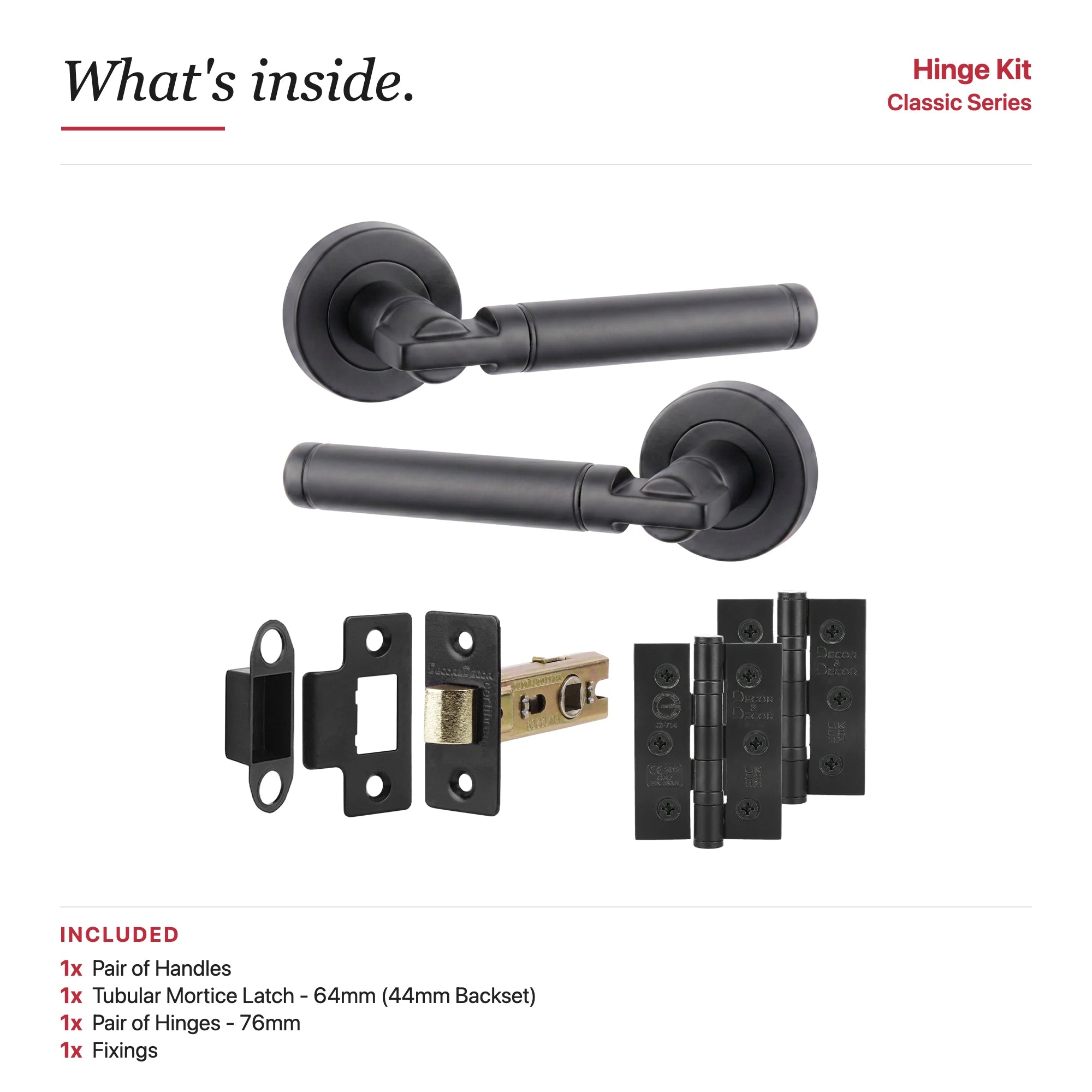 Enigma Matt Black Passage Door Lever Handles – showing what's included in the box