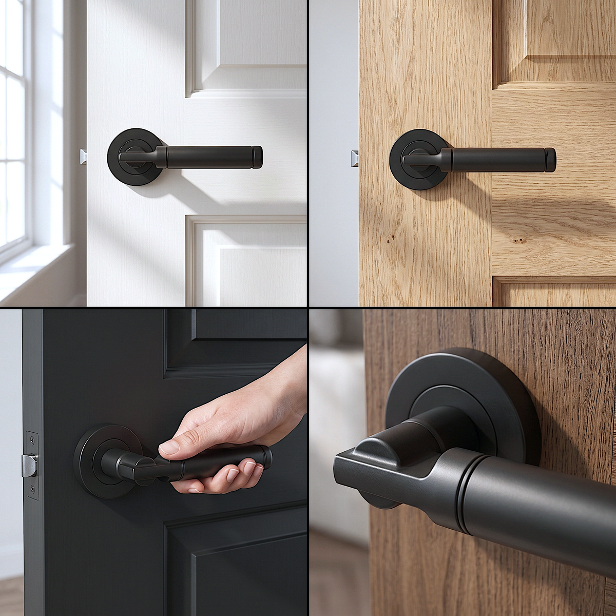 Enigma Matt Black Passage Door Lever Handles – fitted on an interior door in a styled room setting